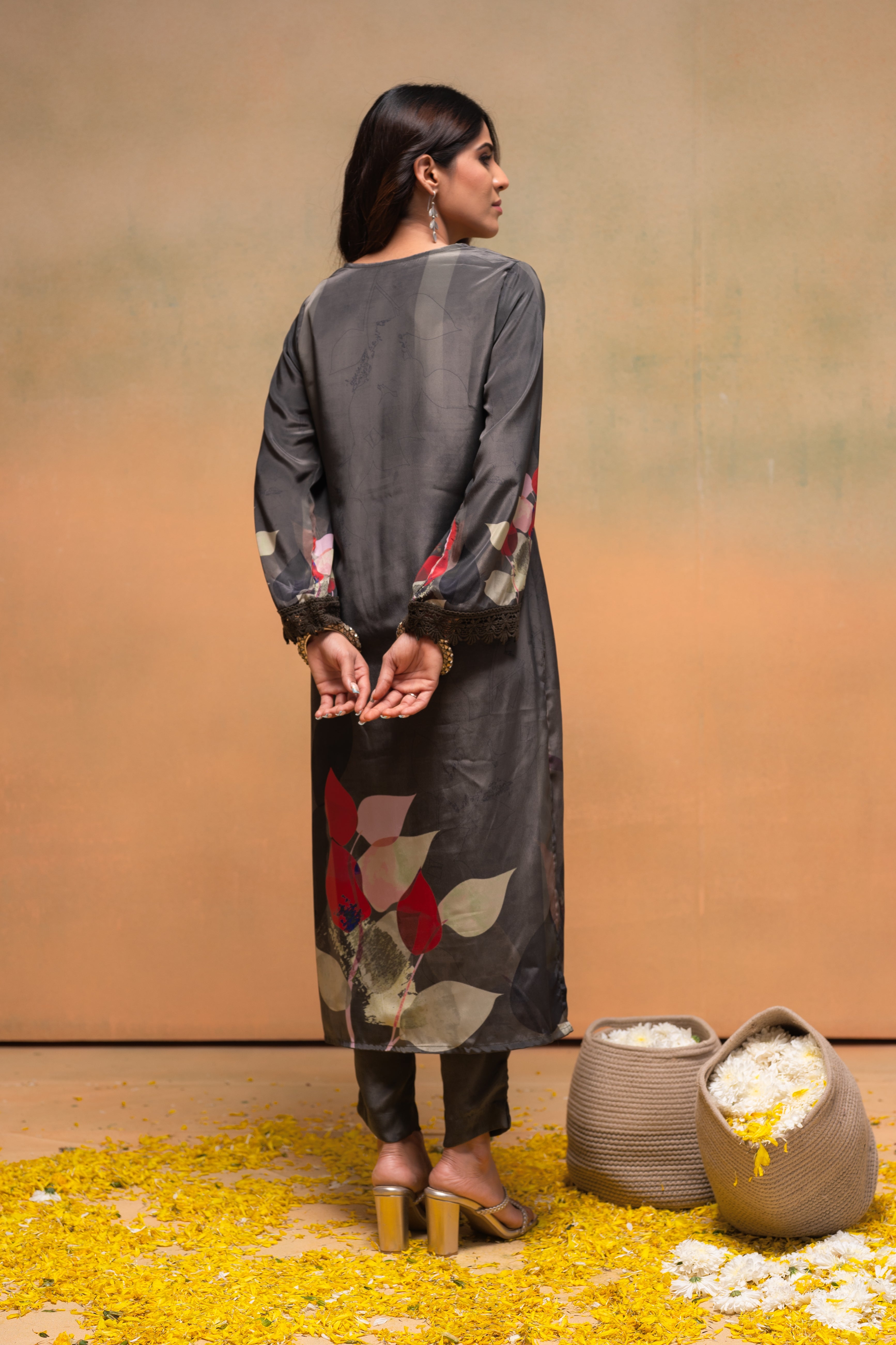 Olive Manmade Fiber Floral Printed Kurta With Pants & Dupatta Set With Sequence Work
