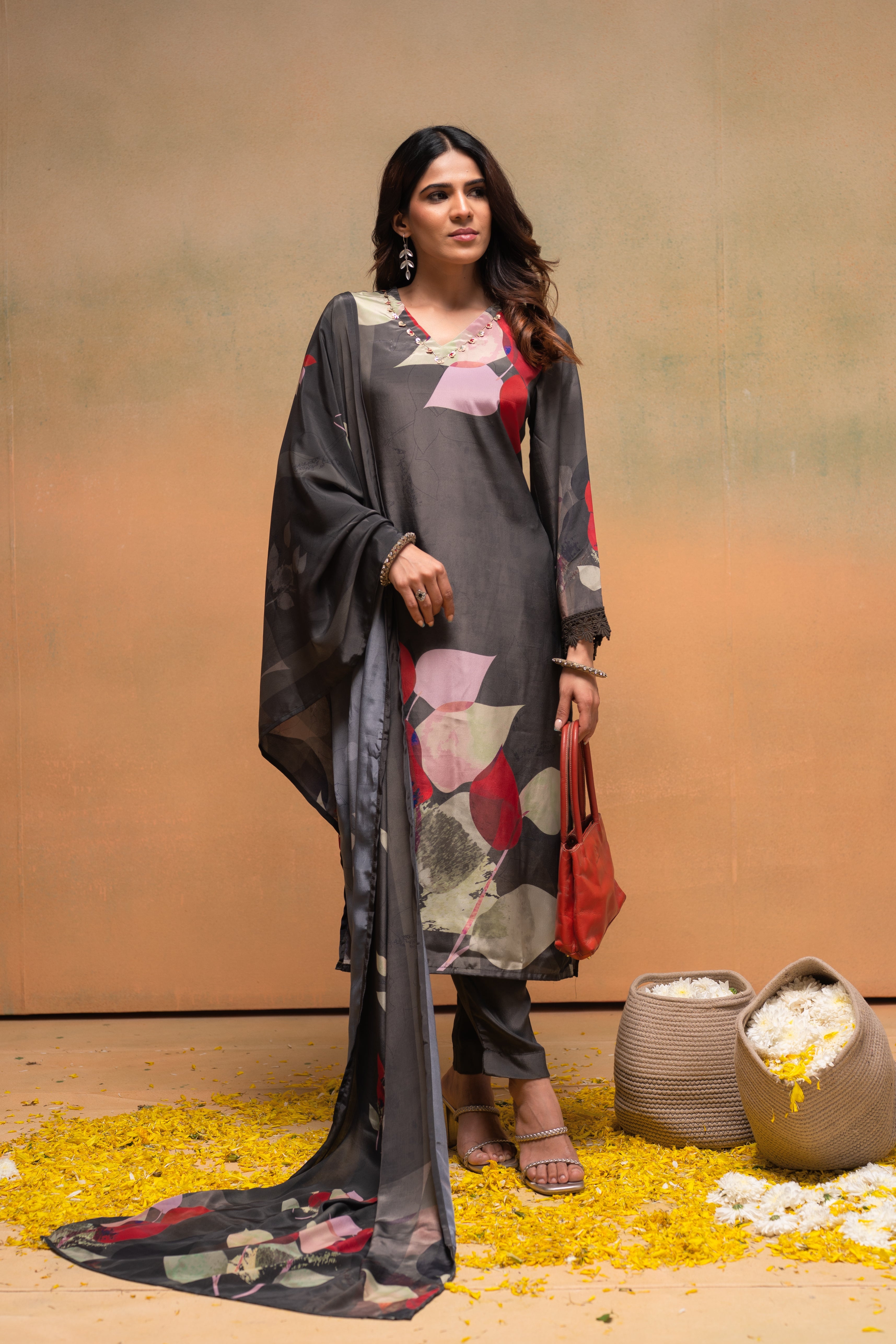 Olive Manmade Fiber Floral Printed Kurta With Pants & Dupatta Set With Sequence Work