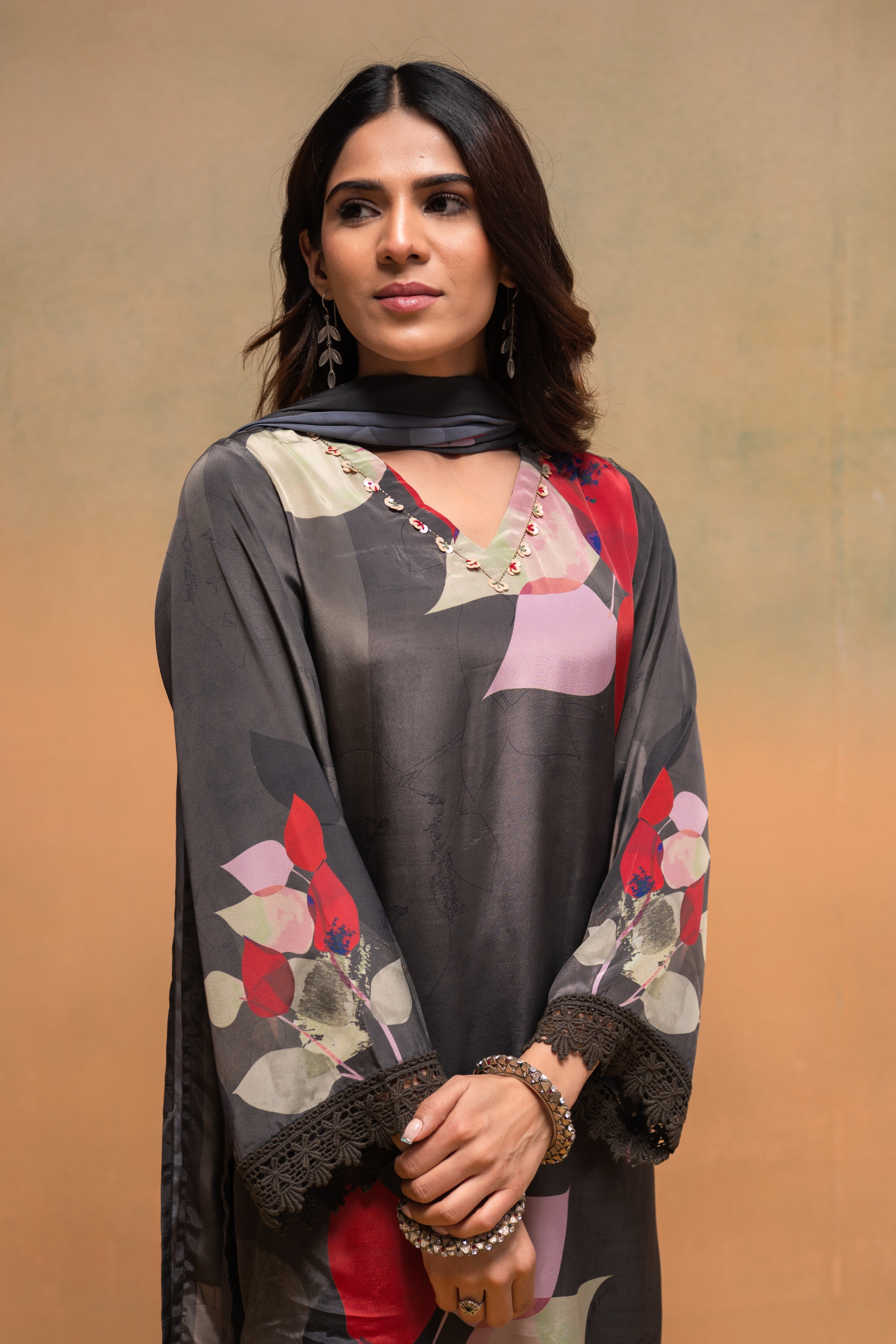 Olive Manmade Fiber Floral Printed Kurta With Pants & Dupatta Set With Sequence Work