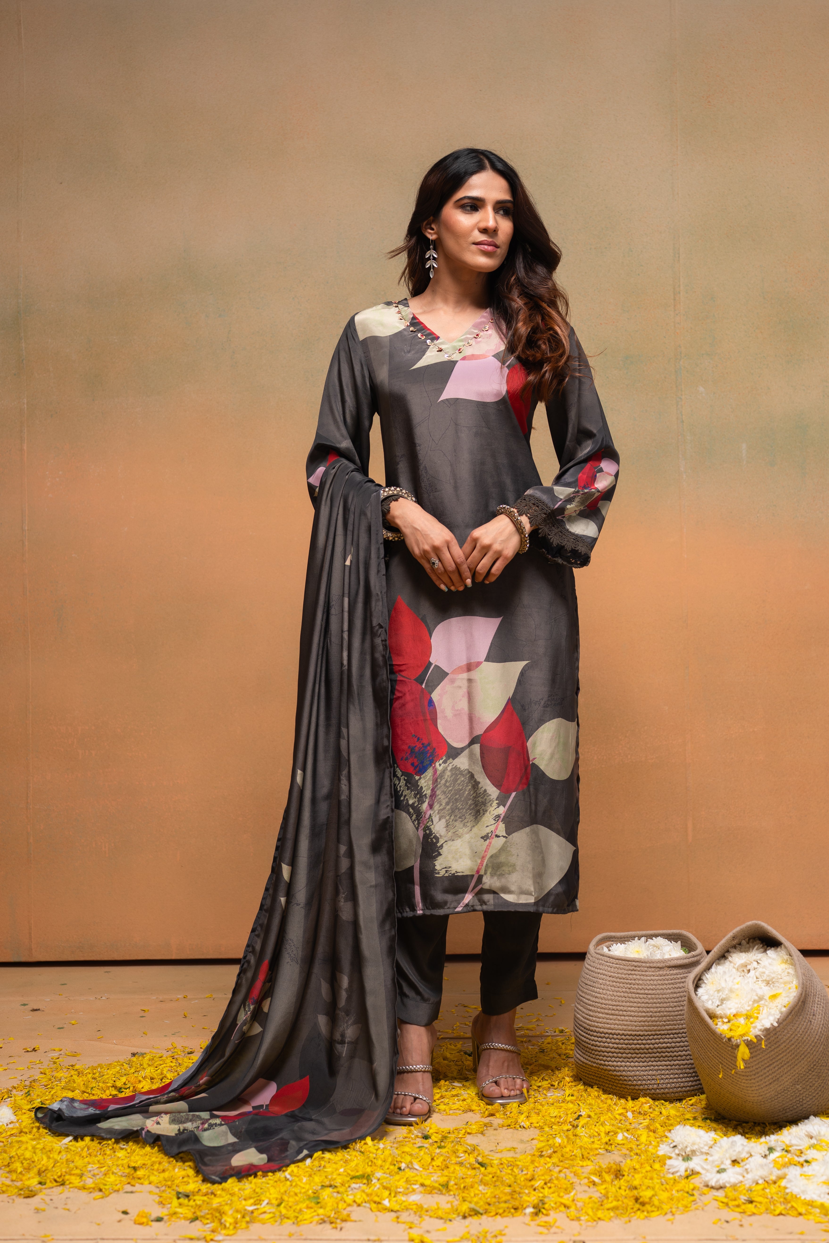 Olive Manmade Fiber Floral Printed Kurta With Pants & Dupatta Set With Sequence Work