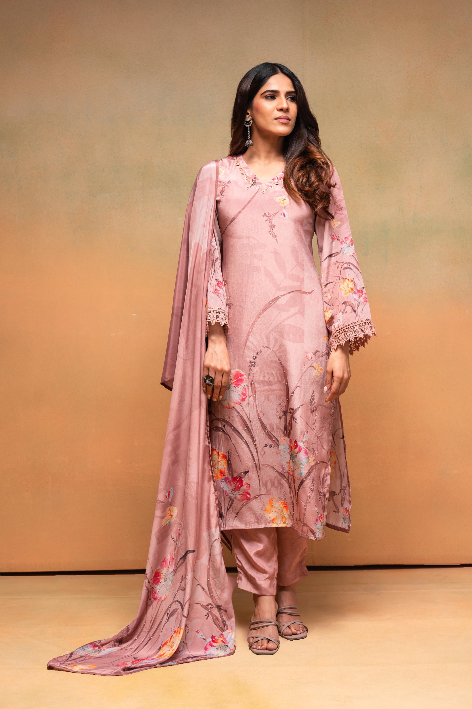 Peach Floral Embellished Straight Kurta Pant and Dupatta Set with Beads & Sequence Work