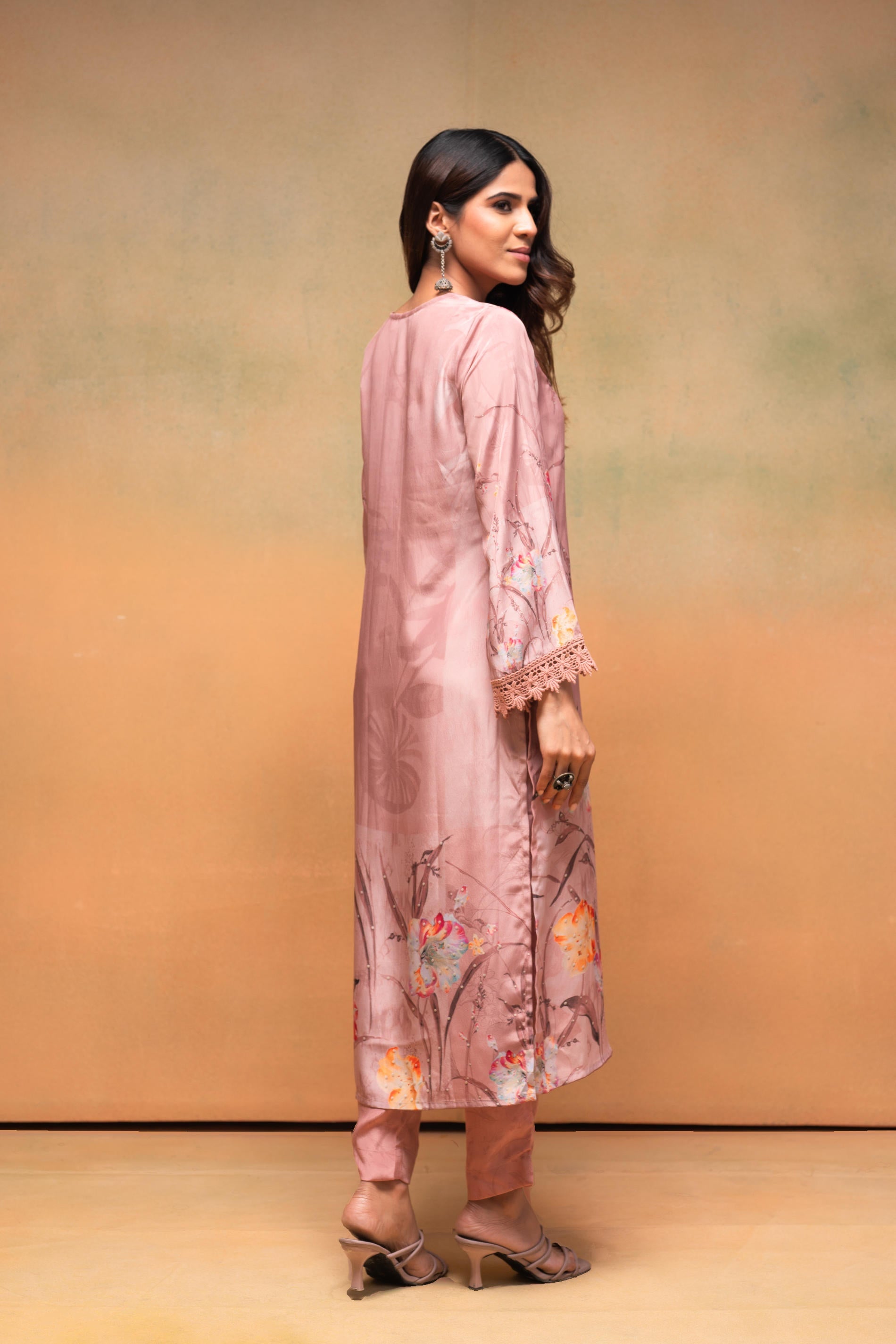Peach Floral Embellished Straight Kurta Pant and Dupatta Set with Beads & Sequence Work