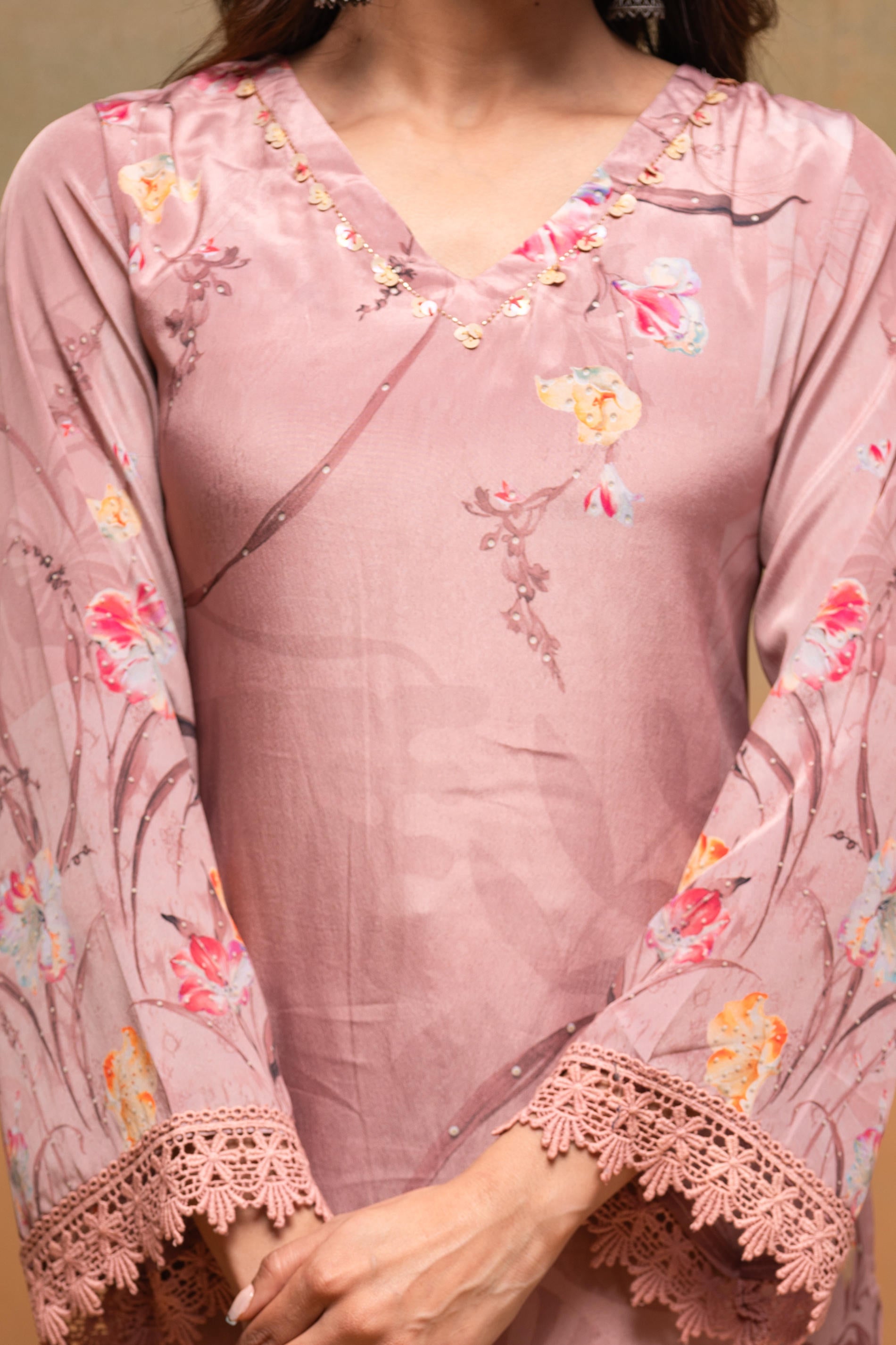 Peach Floral Embellished Straight Kurta Pant and Dupatta Set with Beads & Sequence Work