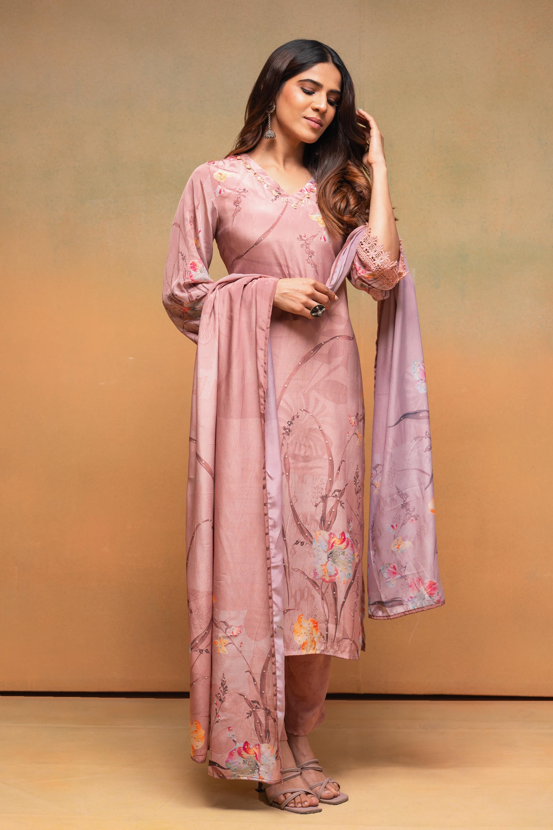 Peach Floral Embellished Straight Kurta Pant and Dupatta Set with Beads & Sequence Work