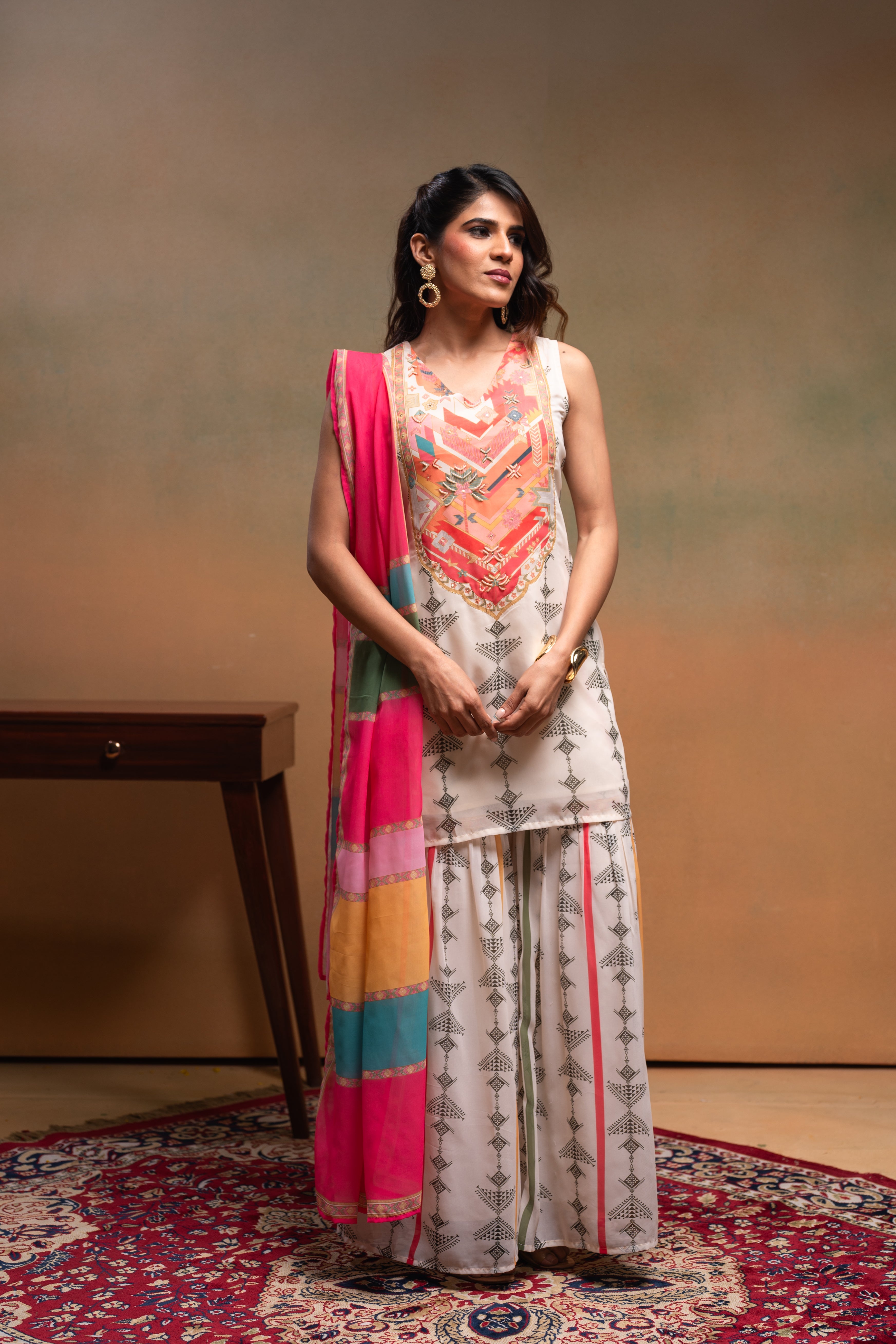 Ivory Manmade Fiber Floral Embellished Kurta With Sharara & Dupatta Set With Beads Work