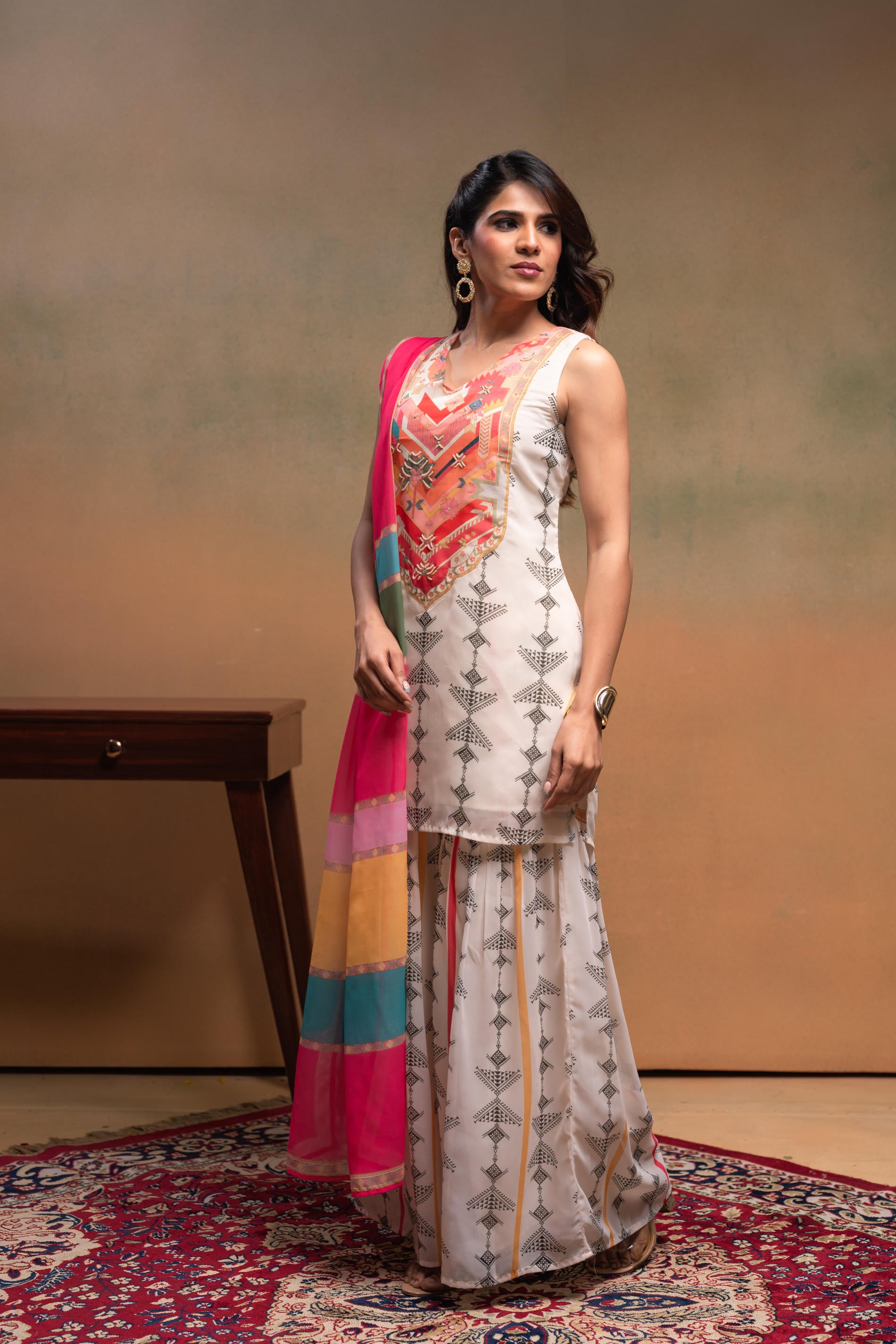 Ivory Manmade Fiber Floral Embellished Kurta With Sharara & Dupatta Set With Beads Work