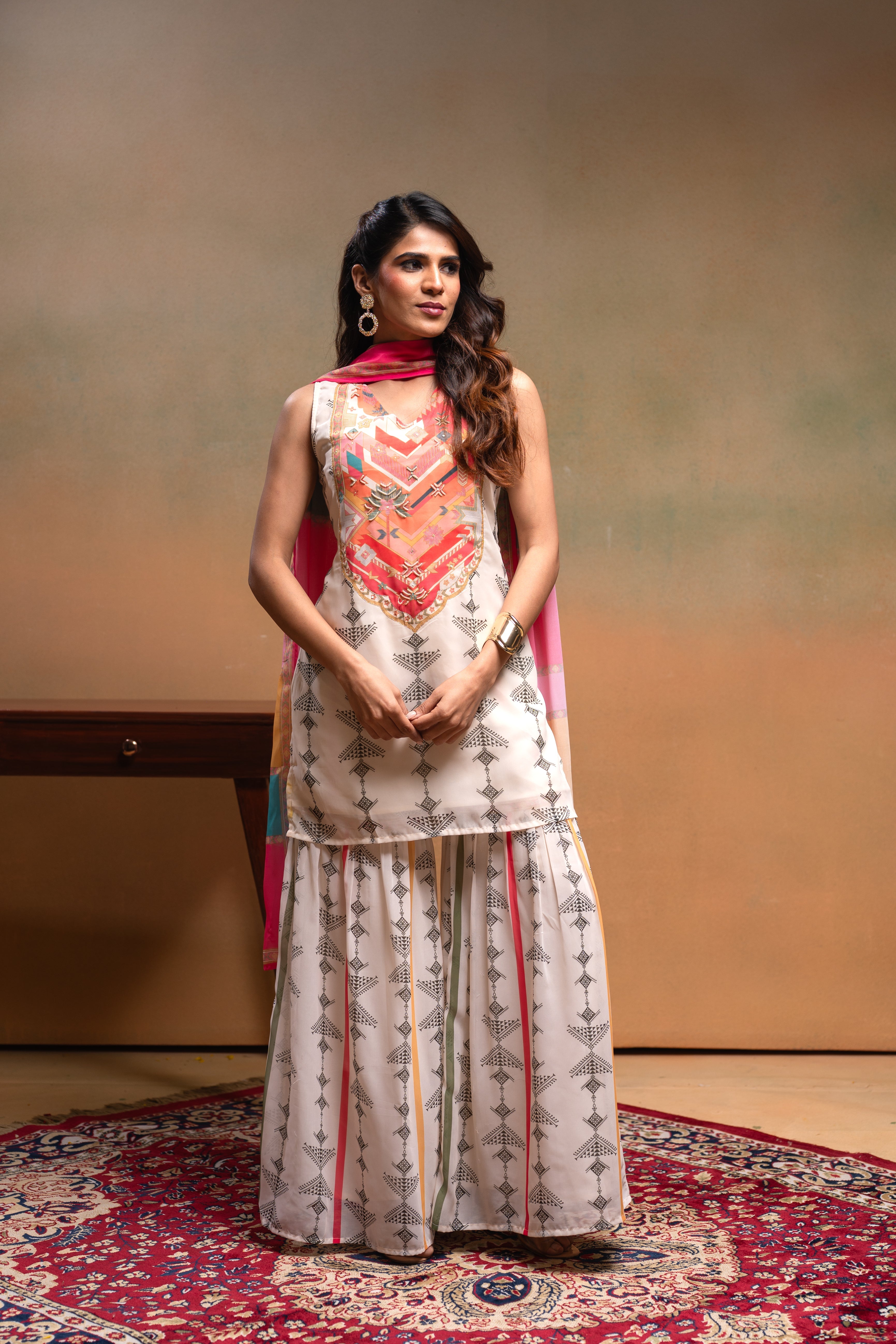 Ivory Manmade Fiber Floral Embellished Kurta With Sharara & Dupatta Set With Beads Work
