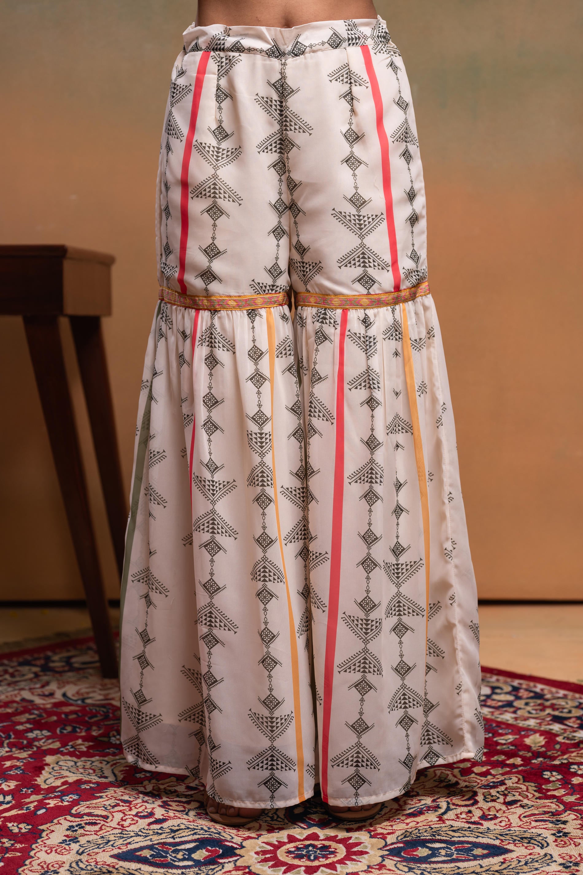 Ivory Manmade Fiber Floral Embellished Kurta With Sharara & Dupatta Set With Beads Work