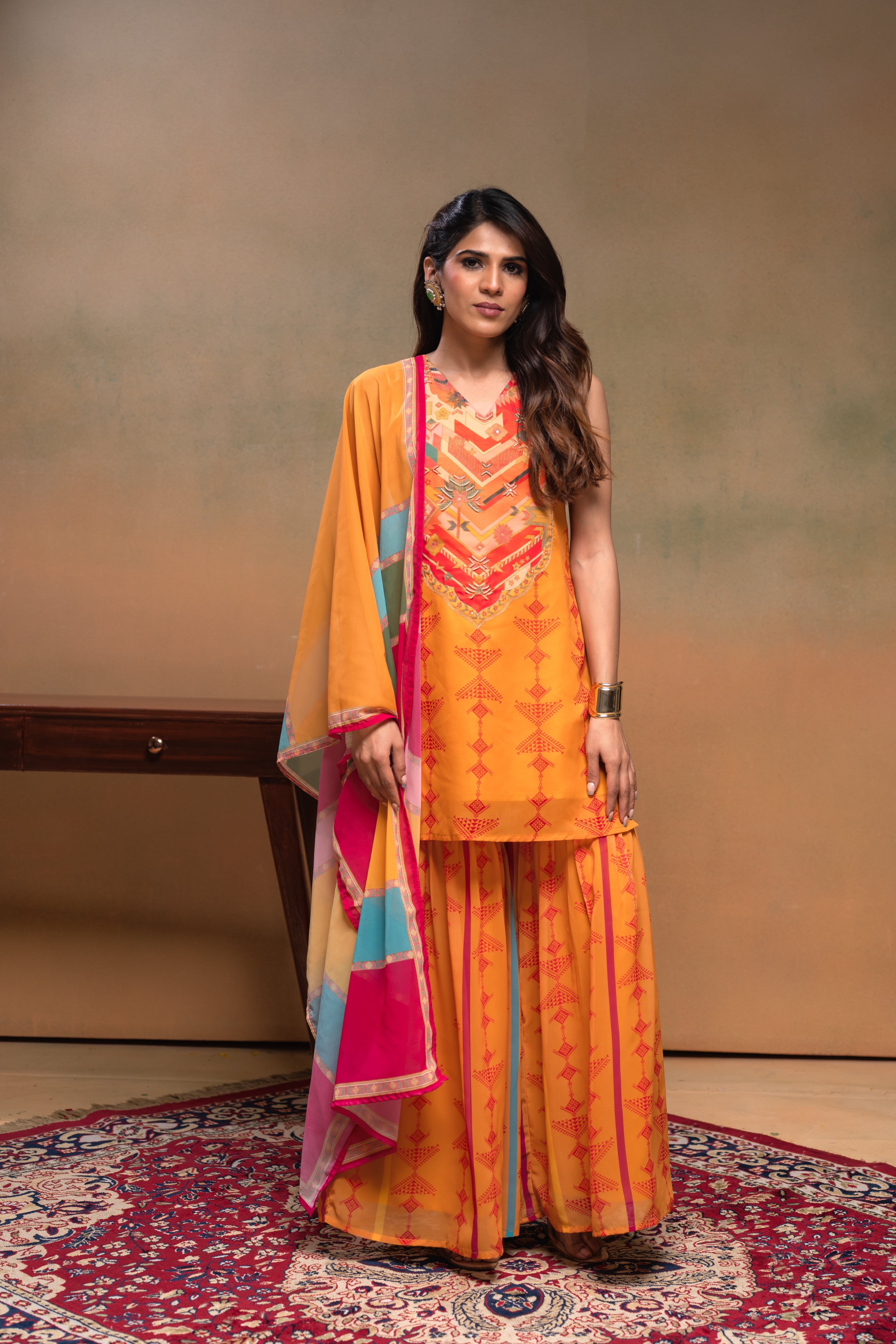 Mustard Manmade Fiber Floral Embellished Kurta With Sharara & Dupatta Set With Beads Work