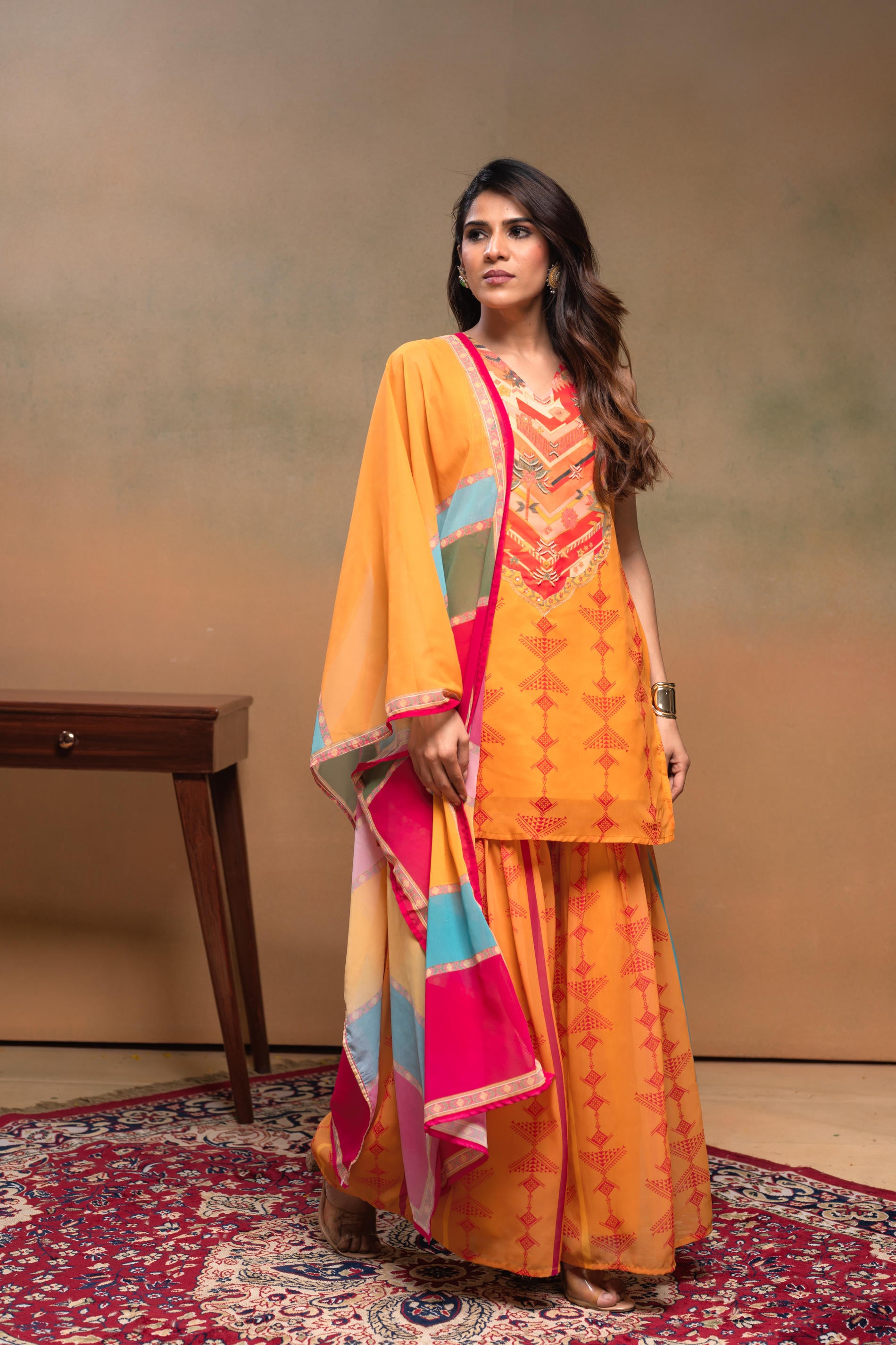 Mustard Manmade Fiber Floral Embellished Kurta With Sharara & Dupatta Set With Beads Work