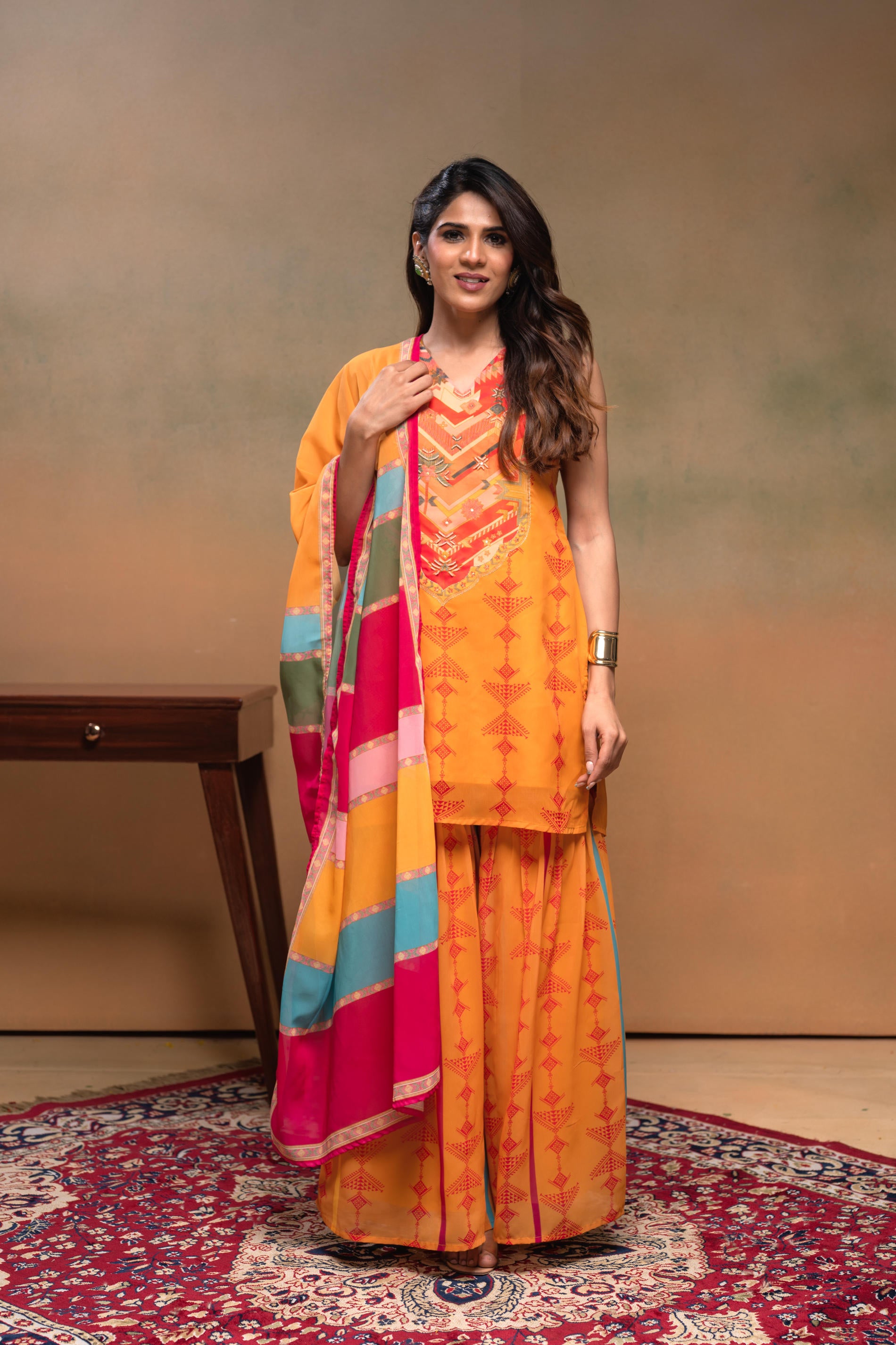 Mustard Manmade Fiber Floral Embellished Kurta With Sharara & Dupatta Set With Beads Work