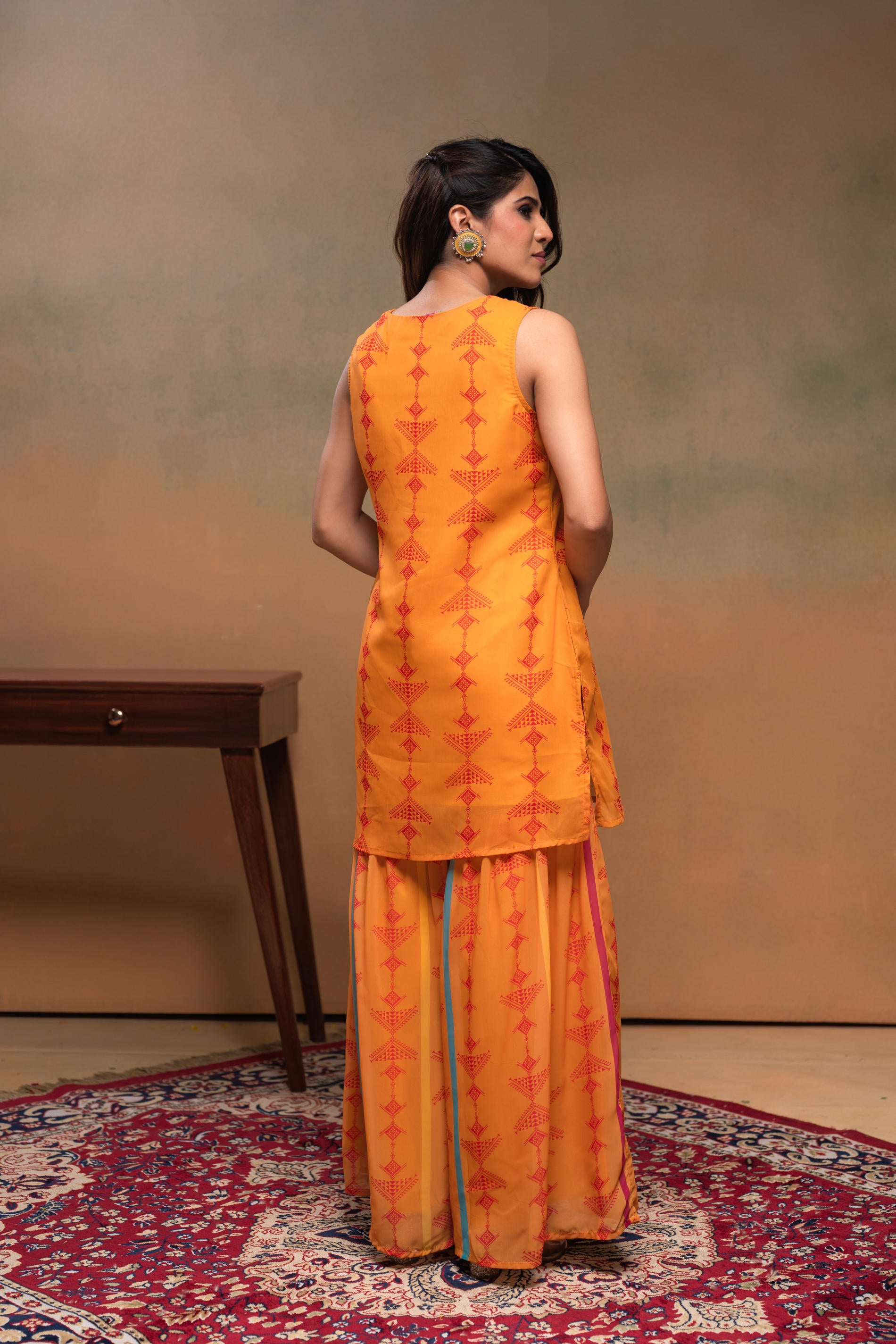 Mustard Manmade Fiber Floral Embellished Kurta With Sharara & Dupatta Set With Beads Work