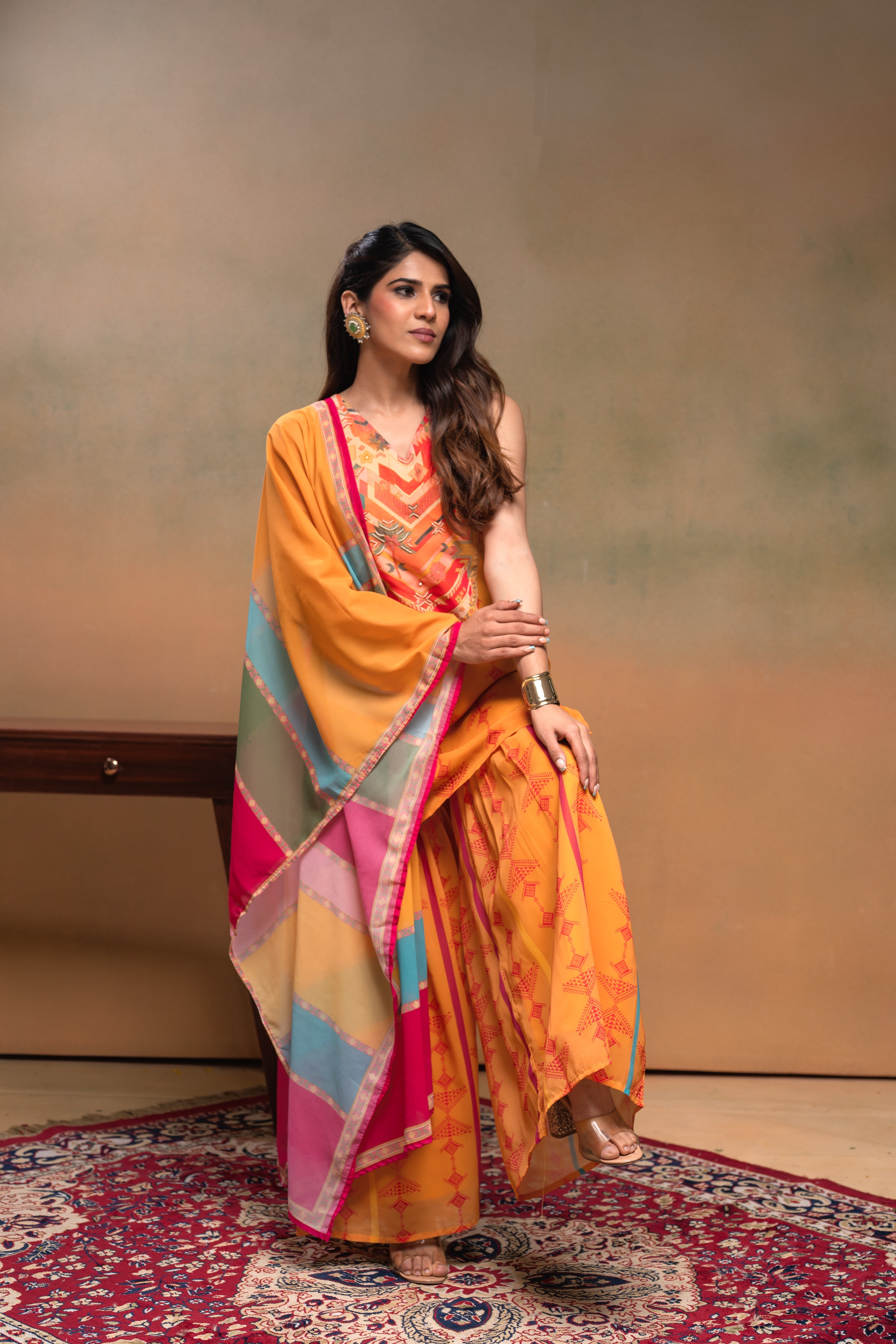 Mustard Manmade Fiber Floral Embellished Kurta With Sharara & Dupatta Set With Beads Work