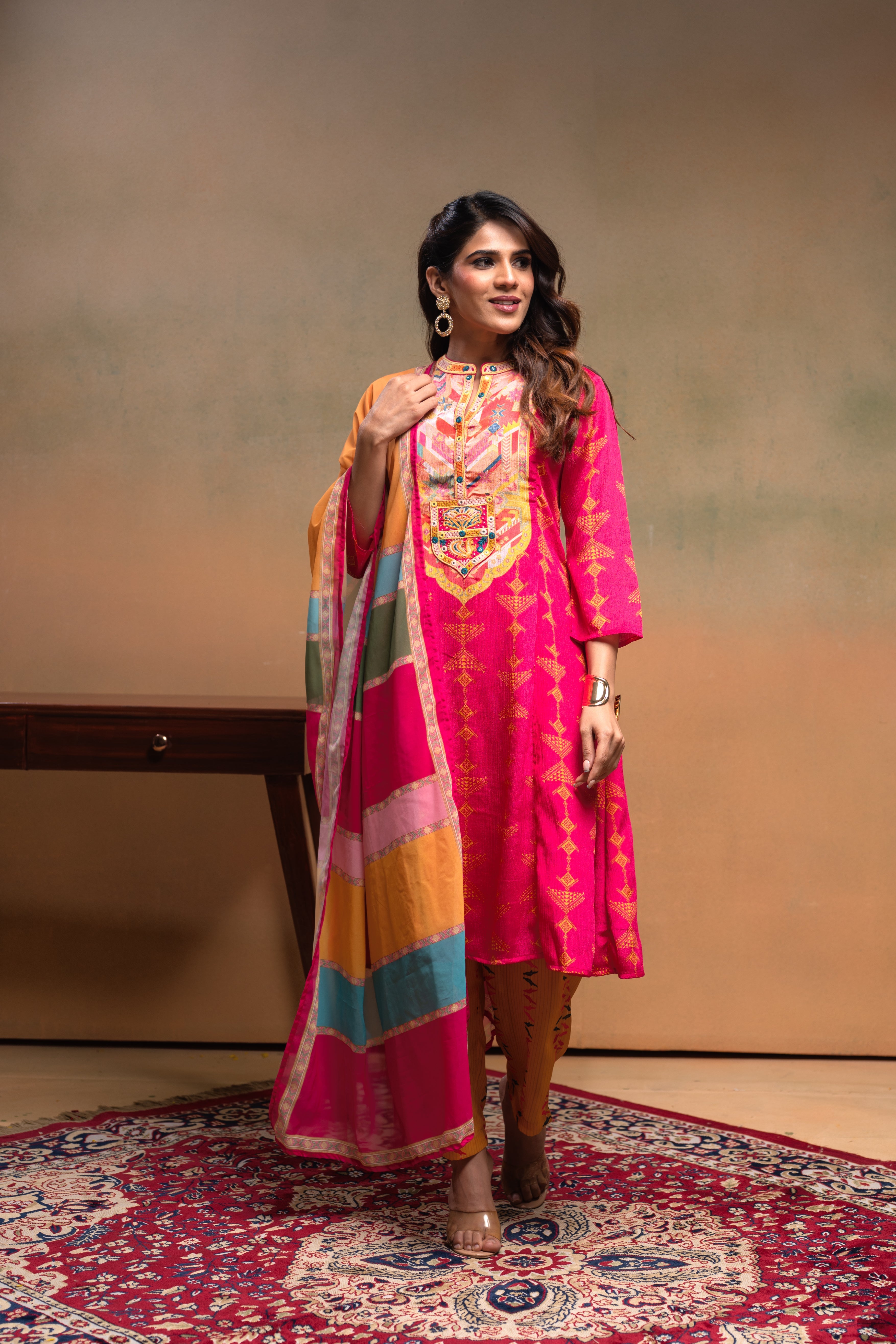 Fuchsia Manmade Fiber Ethnic A-Line Kurta With Pants & Dupatta Set With Mirror & Thread Work