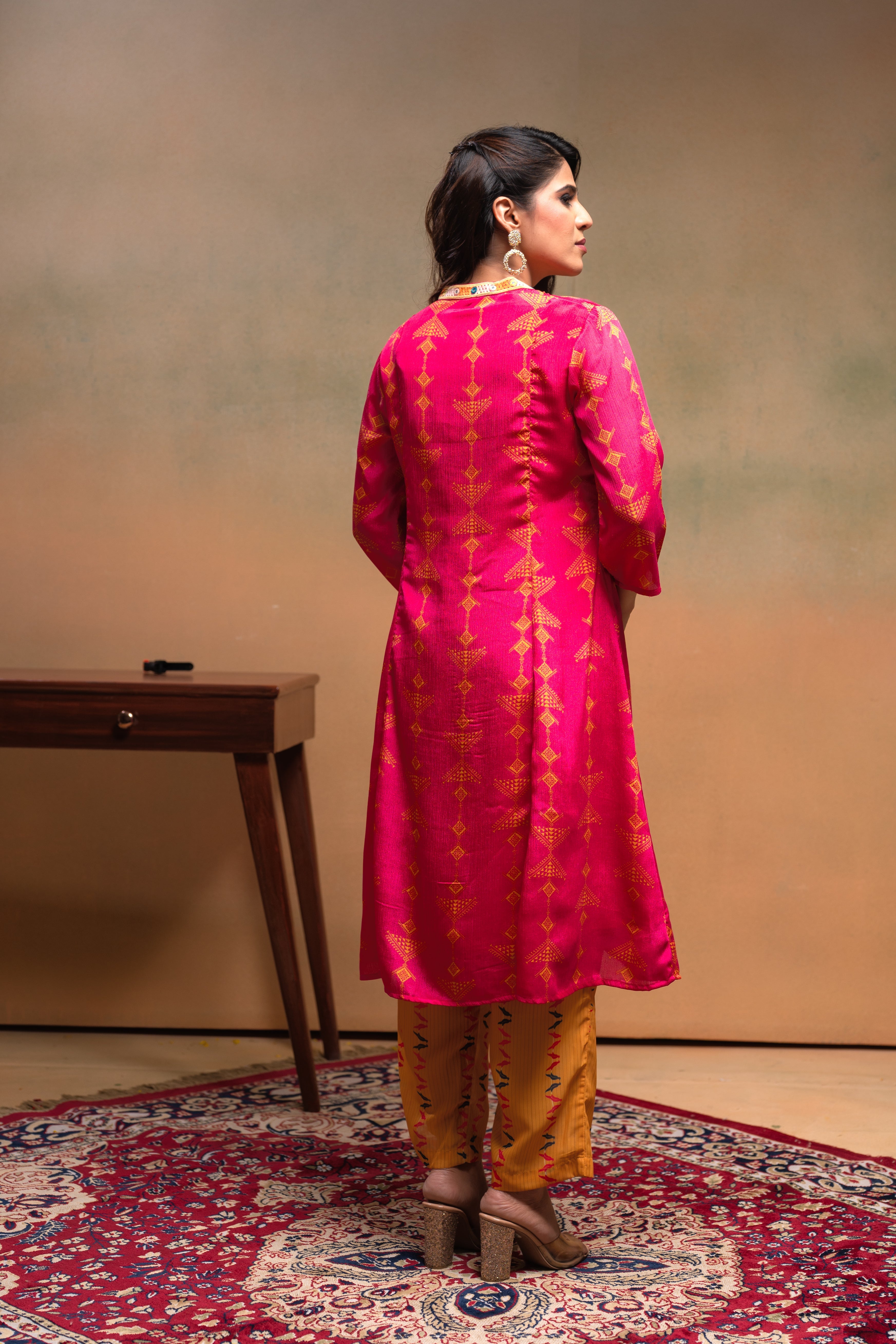 Fuchsia Manmade Fiber Ethnic A-Line Kurta With Pants & Dupatta Set With Mirror & Thread Work
