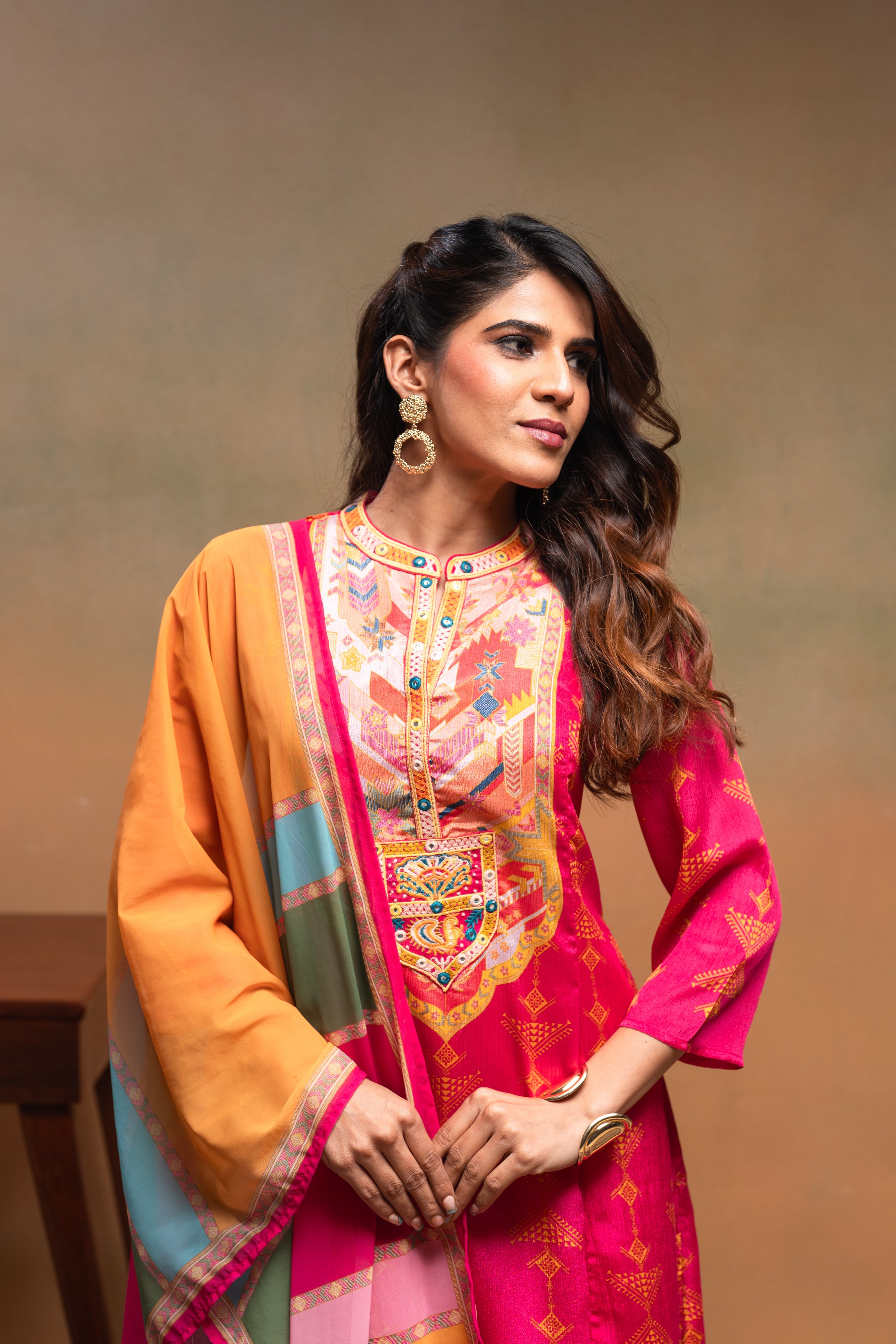 Fuchsia Manmade Fiber Ethnic A-Line Kurta With Pants & Dupatta Set With Mirror & Thread Work