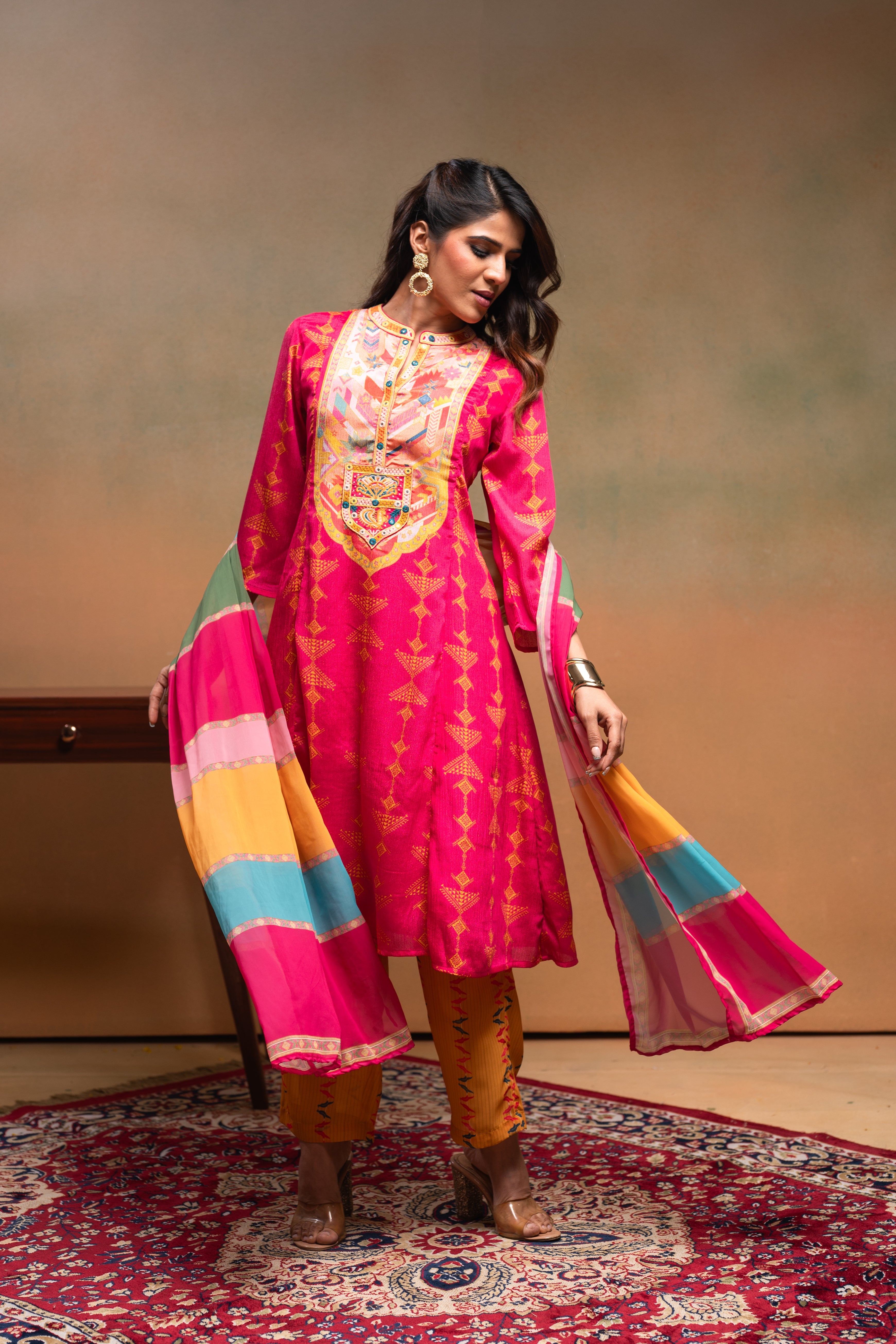 Fuchsia Manmade Fiber Ethnic A-Line Kurta With Pants & Dupatta Set With Mirror & Thread Work