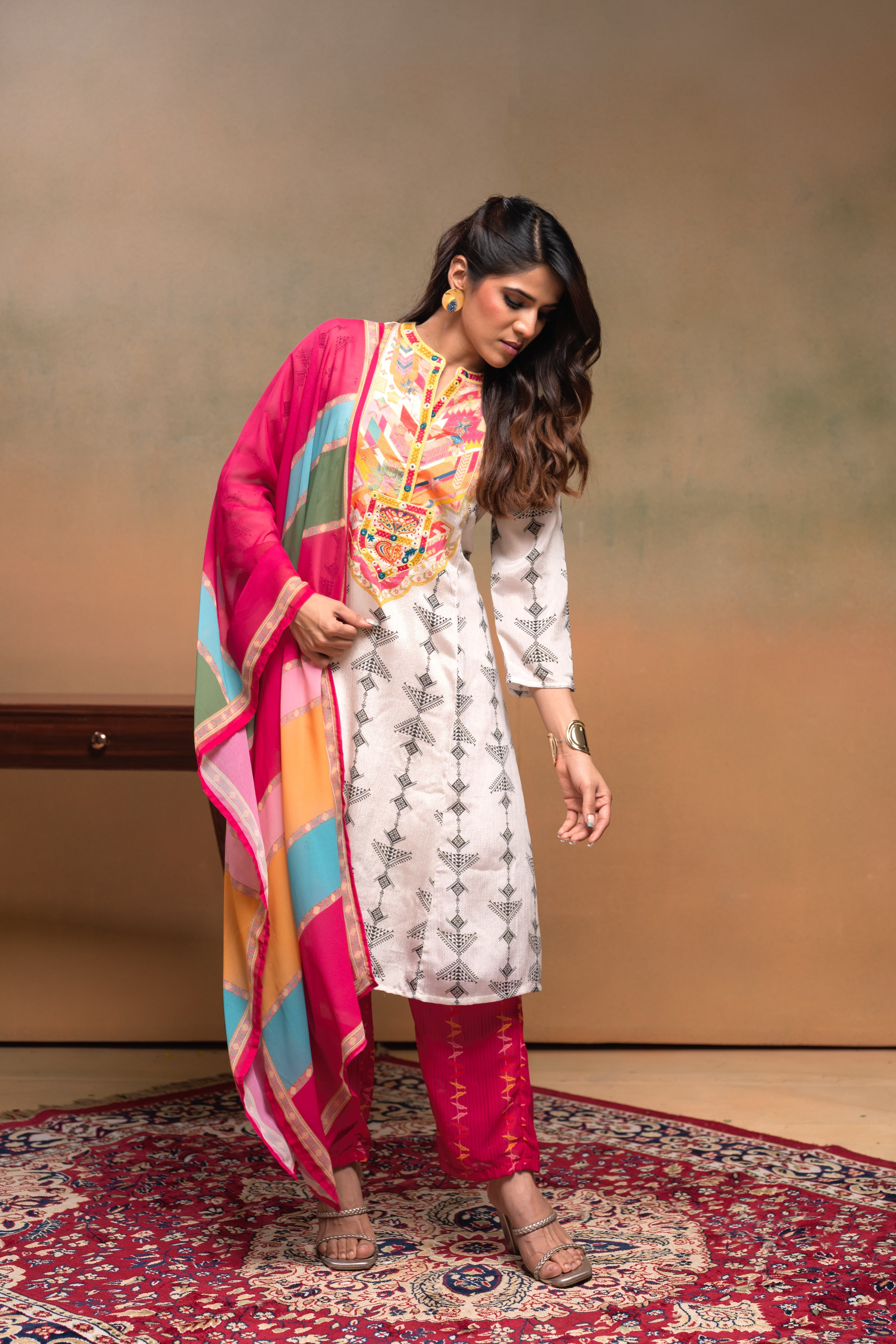 Ivory Manmade Fiber Ethnic A-Line Kurta With Pants & Dupatta Set With Mirror & Thread Work