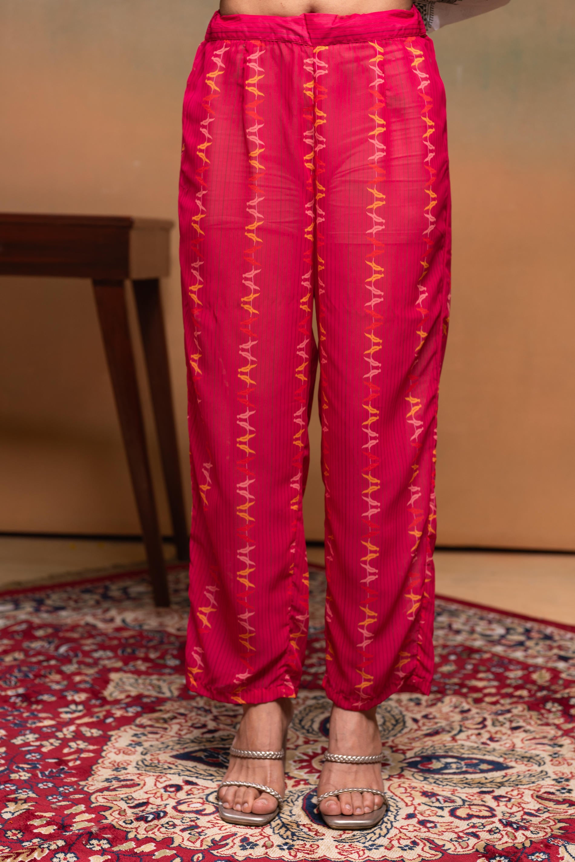 Ivory Manmade Fiber Ethnic A-Line Kurta With Pants & Dupatta Set With Mirror & Thread Work