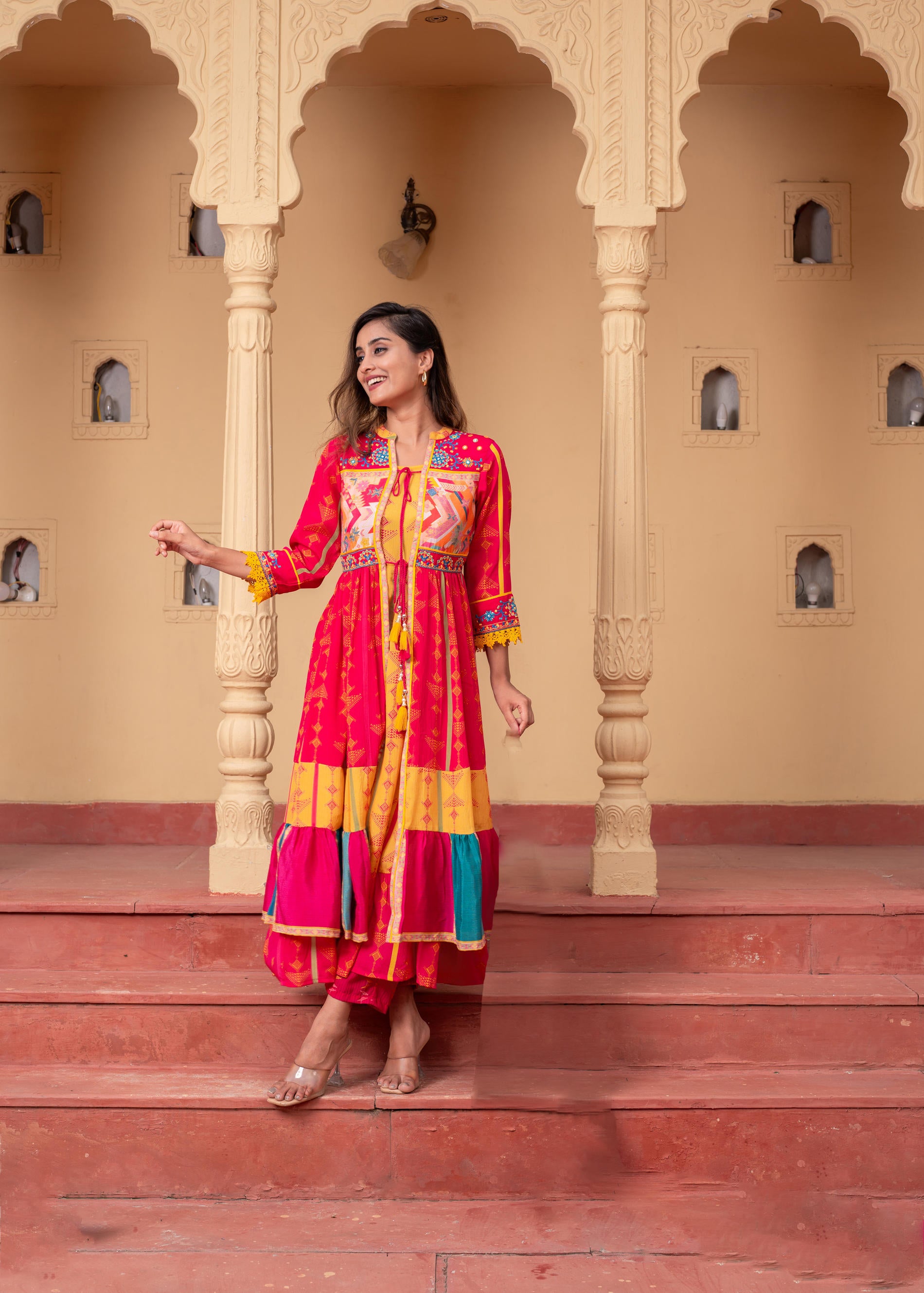 Fuchsia Manmade Fiber Ethnic Gathered Flared Longdress With Mirror & Thread Work