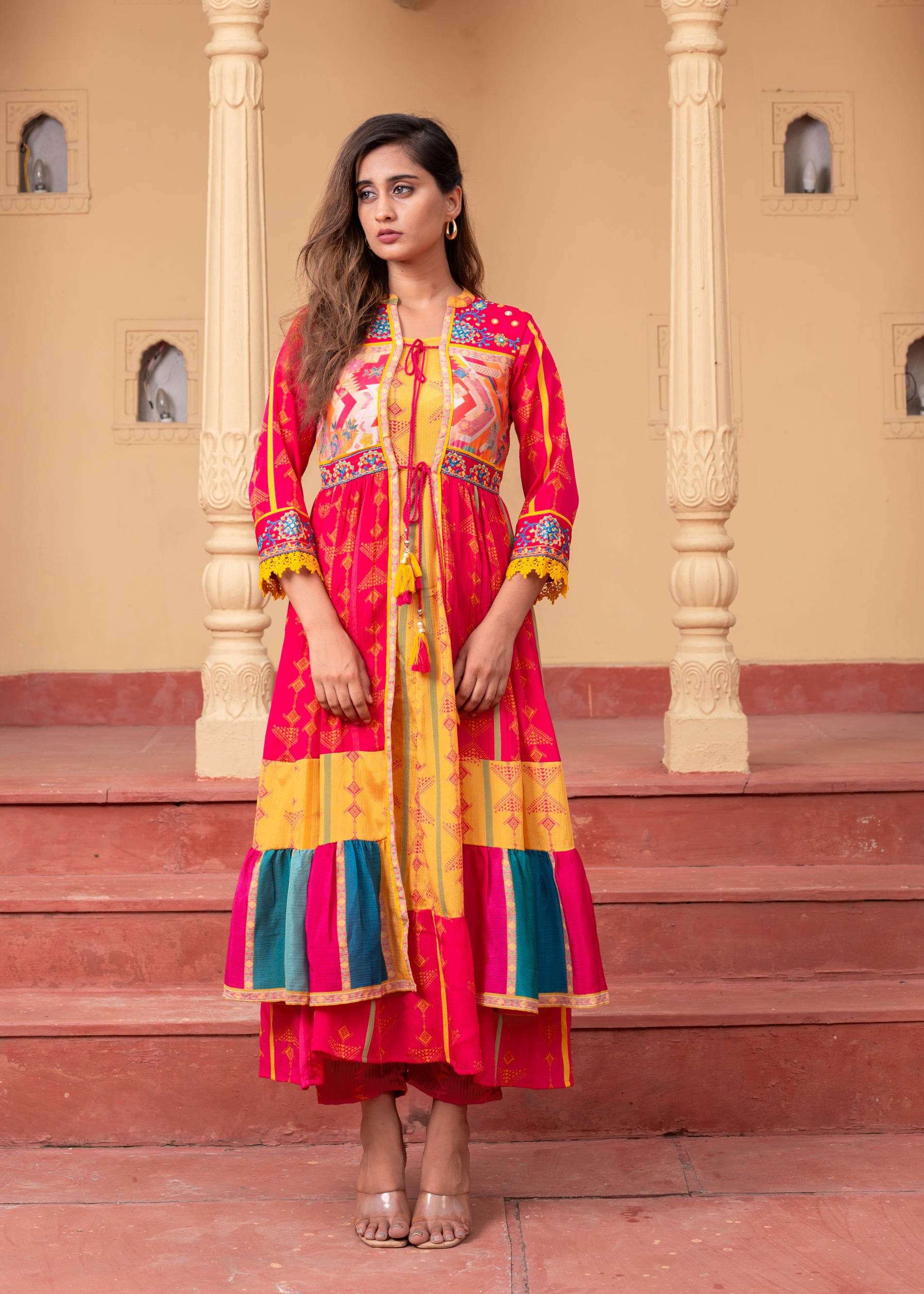 Fuchsia Manmade Fiber Ethnic Gathered Flared Longdress With Mirror & Thread Work