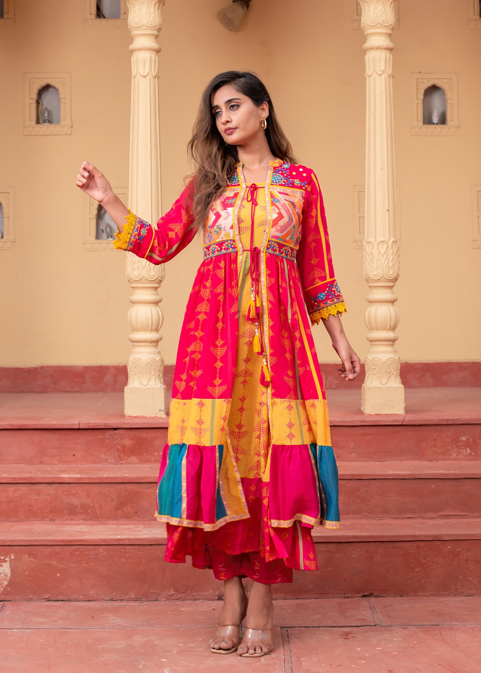 Fuchsia Manmade Fiber Ethnic Gathered Flared Longdress With Mirror & Thread Work