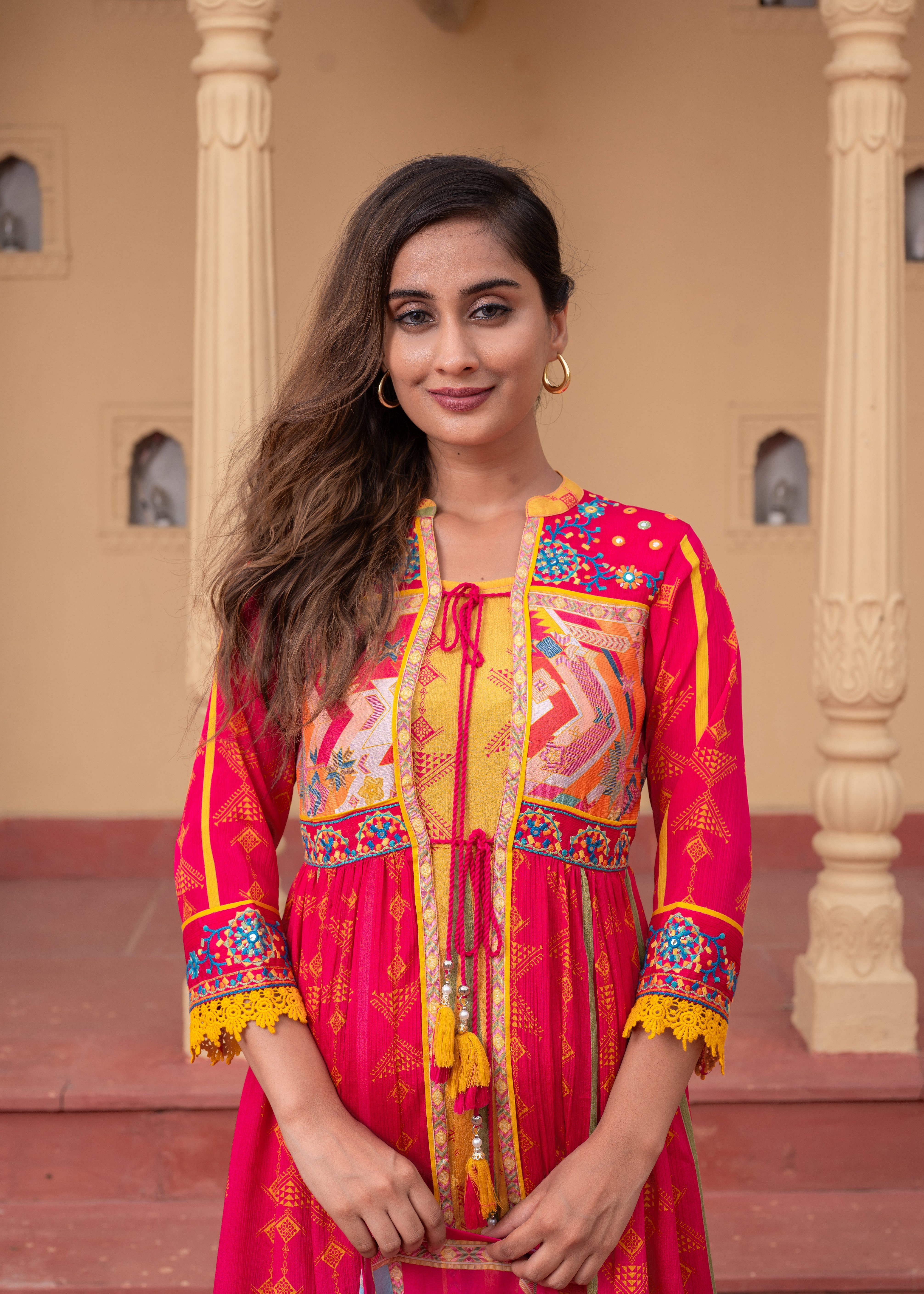 Fuchsia Manmade Fiber Ethnic Gathered Flared Longdress With Mirror & Thread Work