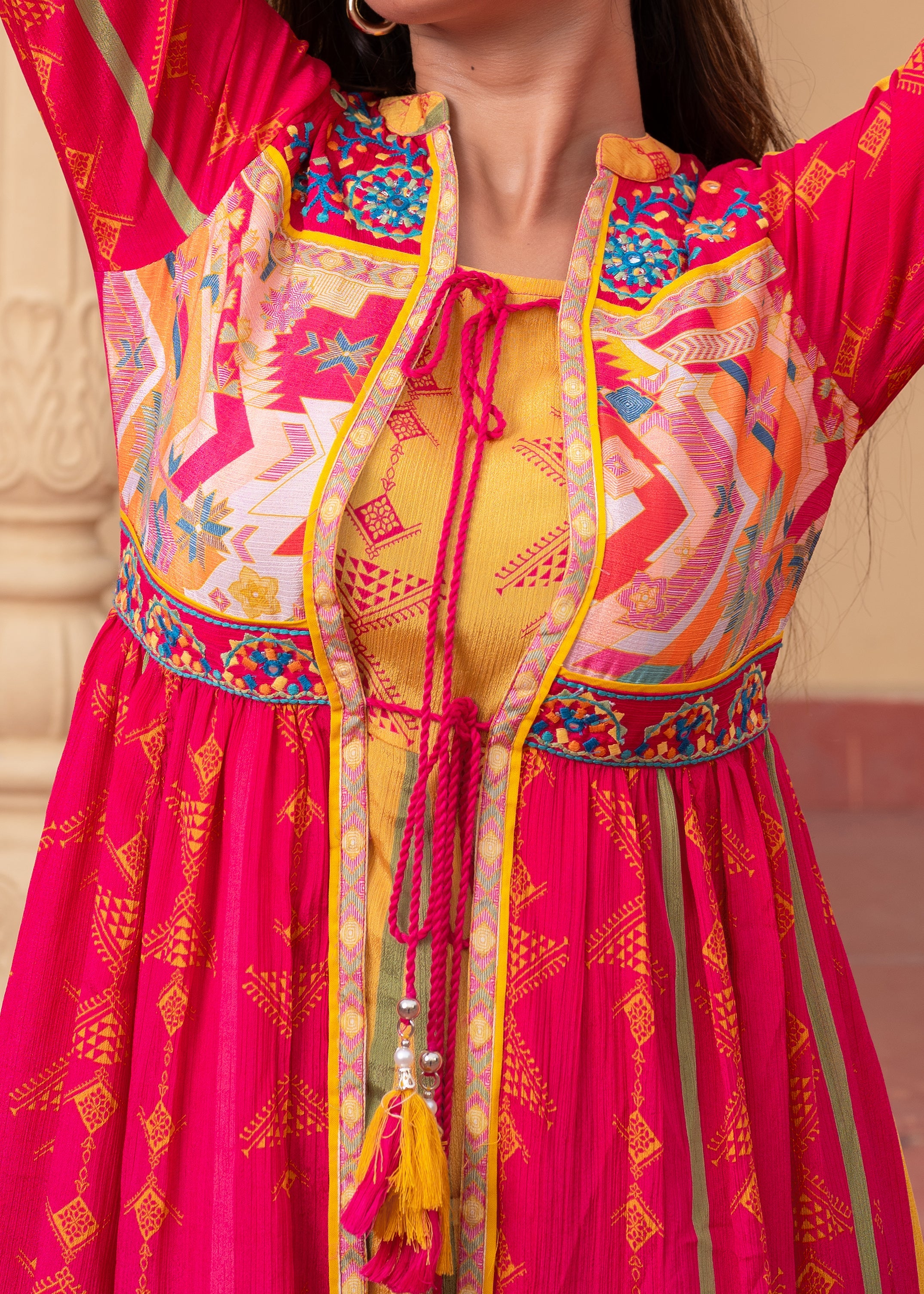 Fuchsia Manmade Fiber Ethnic Gathered Flared Longdress With Mirror & Thread Work