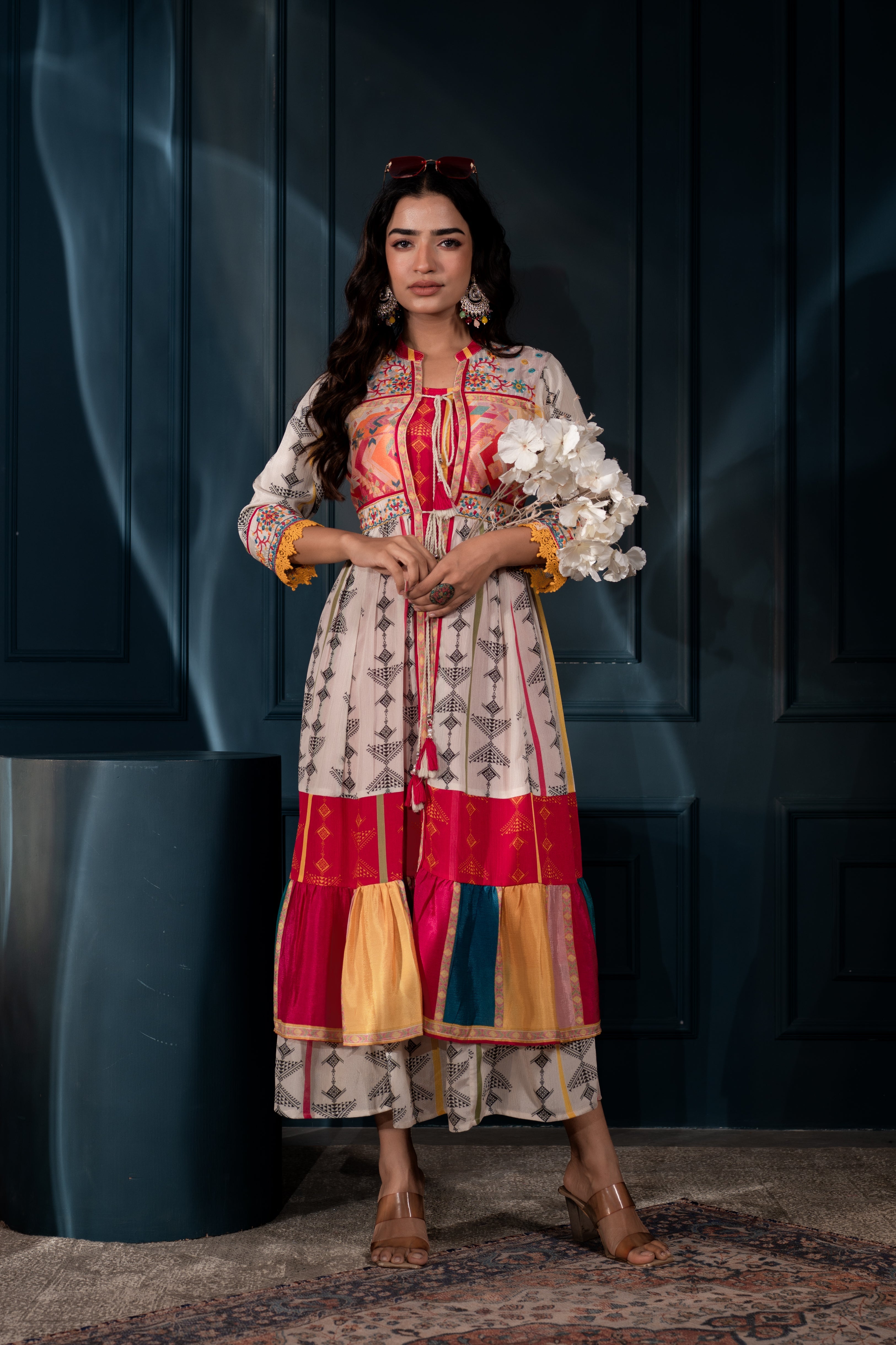 Ivory Manmade Fiber Ethnic Gathered Flared Longdress With Mirror & Thread Work