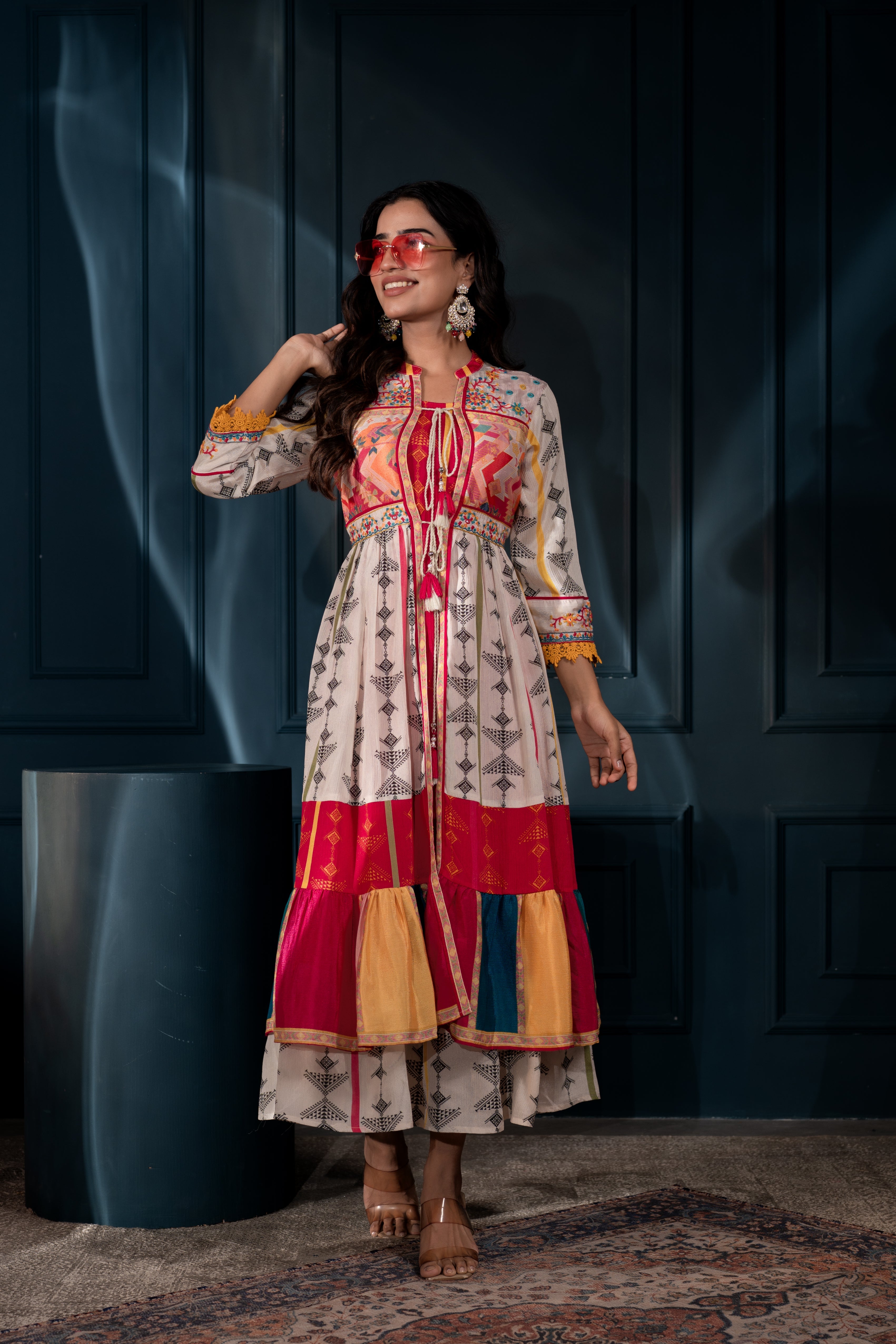 Ivory Manmade Fiber Ethnic Gathered Flared Longdress With Mirror & Thread Work