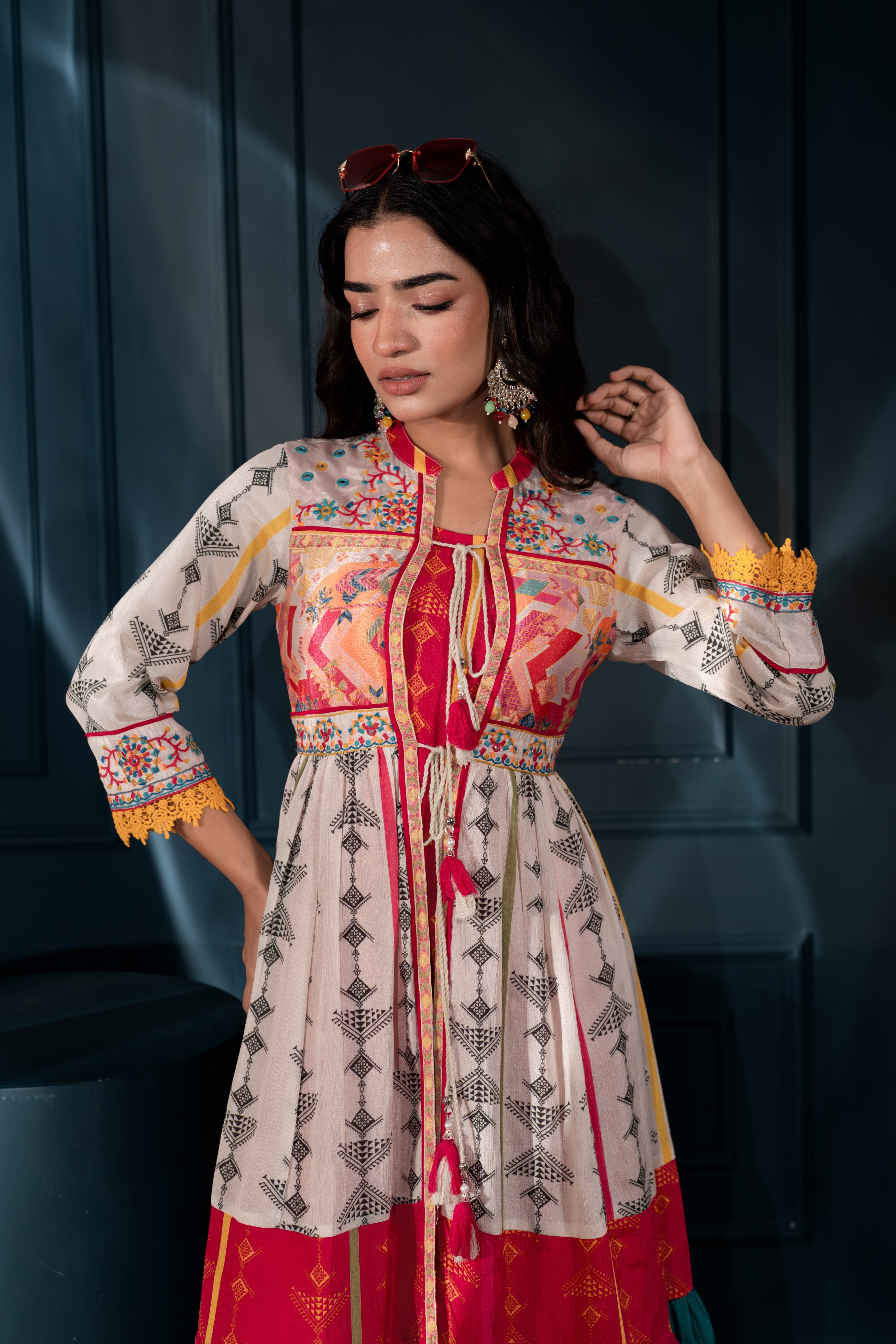 Ivory Manmade Fiber Ethnic Gathered Flared Longdress With Mirror & Thread Work