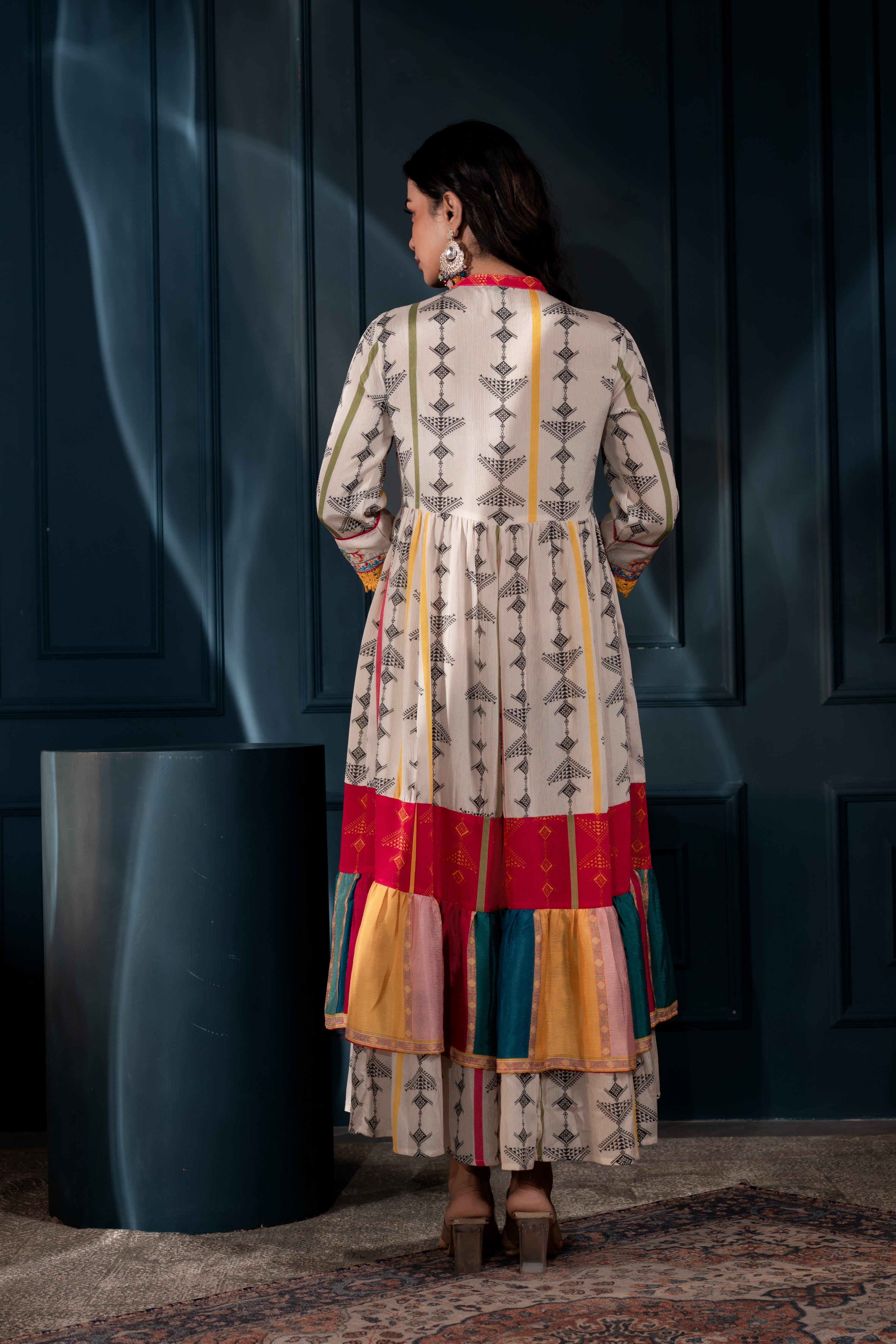 Ivory Manmade Fiber Ethnic Gathered Flared Longdress With Mirror & Thread Work