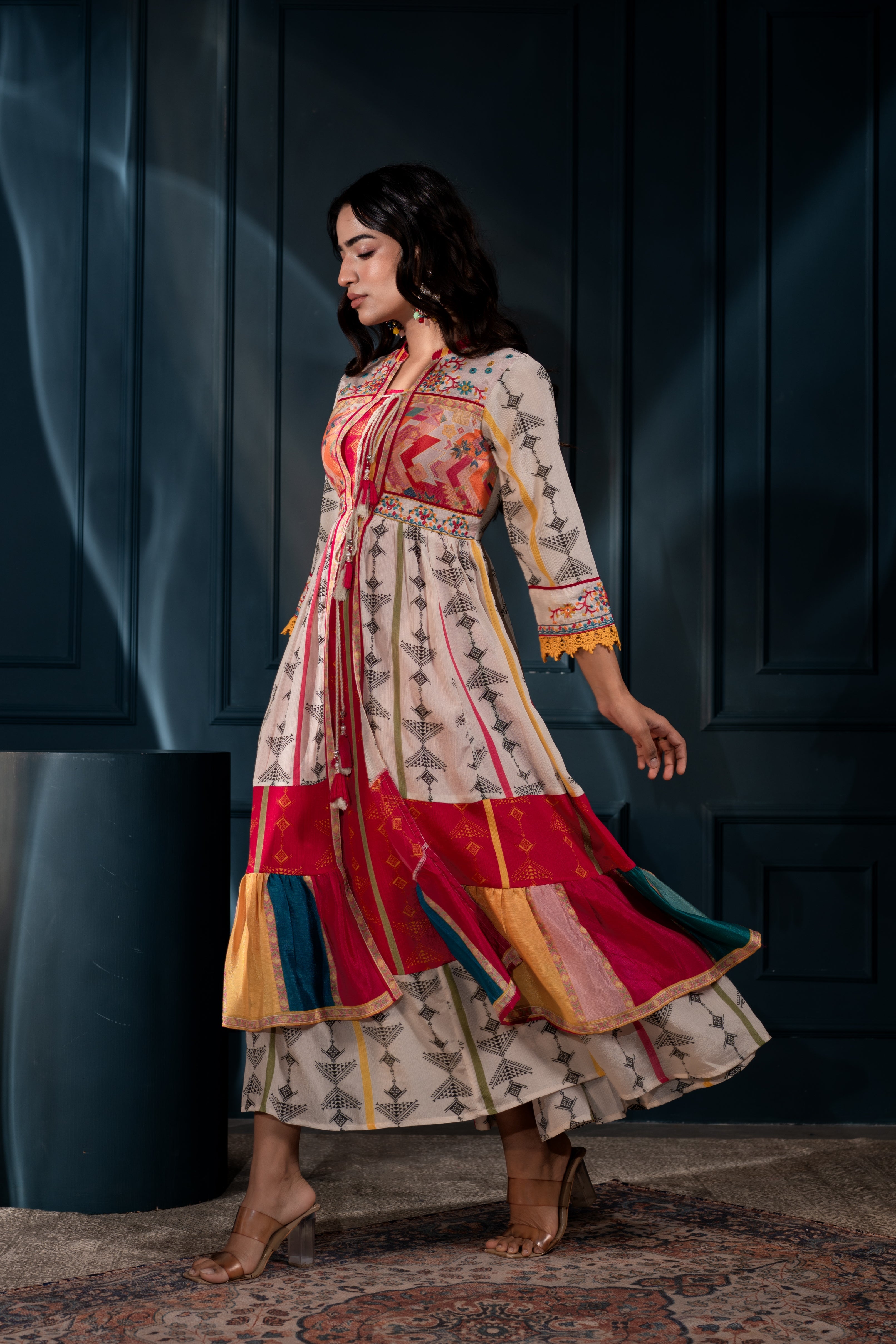 Ivory Manmade Fiber Ethnic Gathered Flared Longdress With Mirror & Thread Work