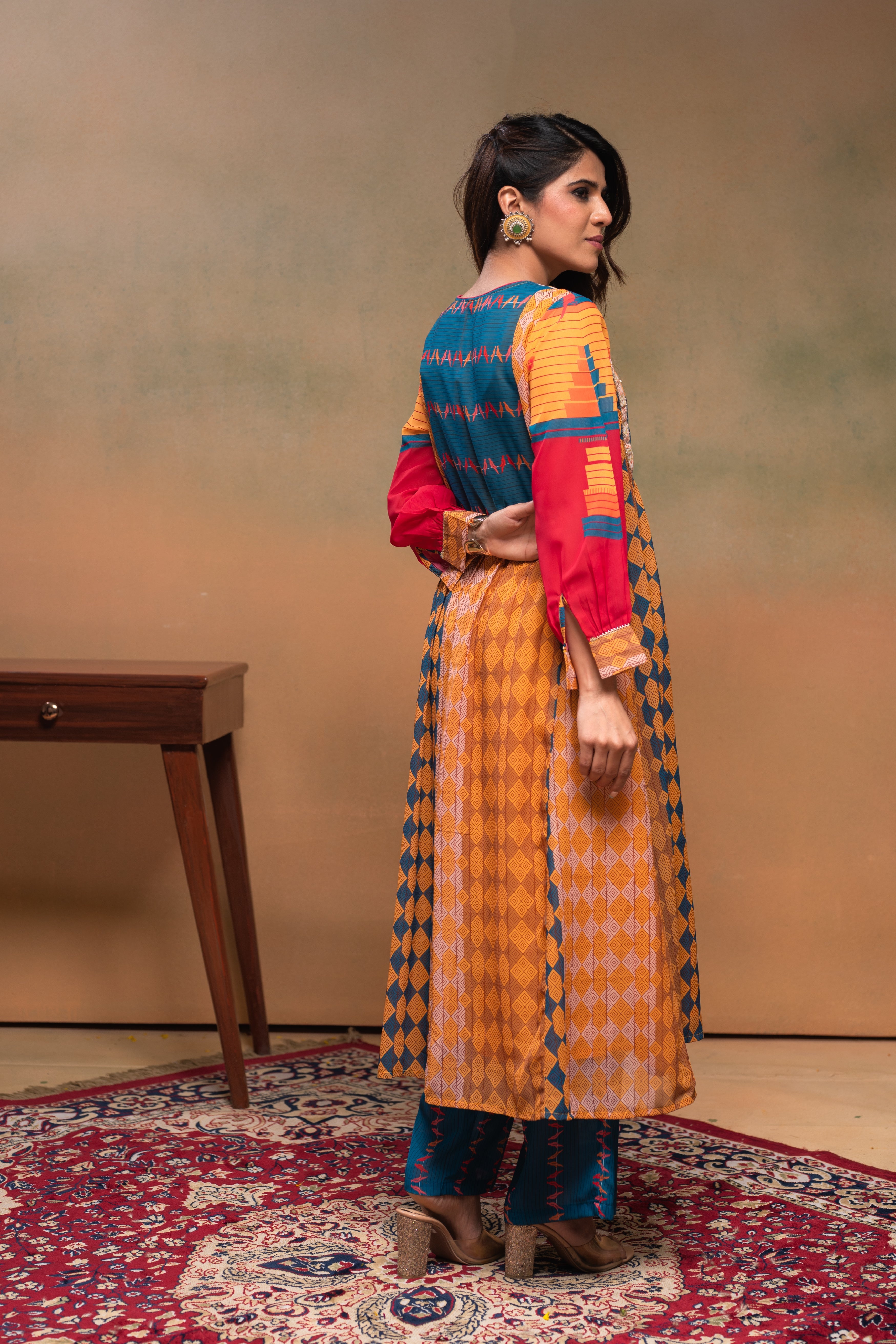 Mustard Manmade Fiber Ethnic Gathered Flared Kurta With Pants & Dupatta Set With Beads & Sequence Work