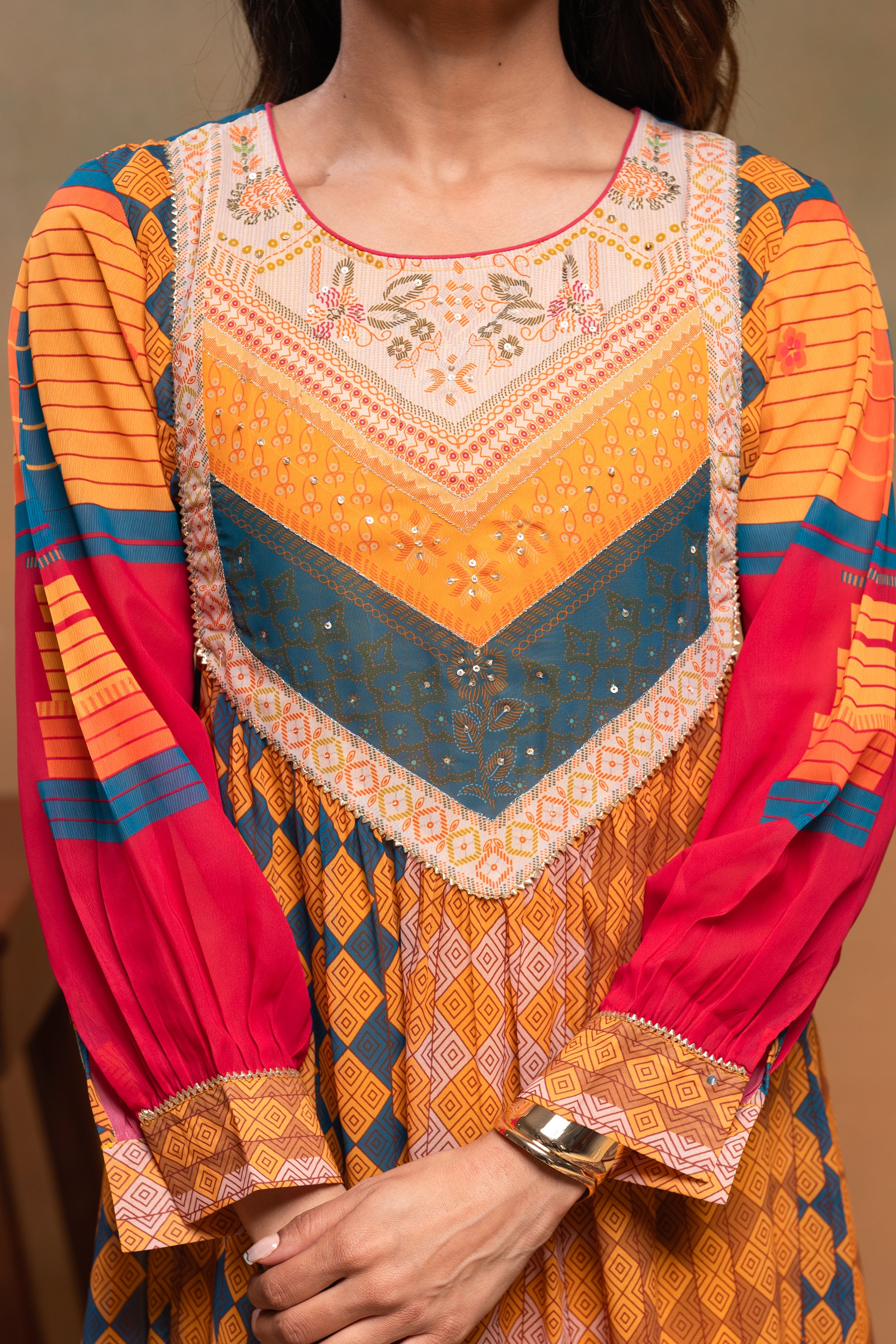 Mustard Manmade Fiber Ethnic Gathered Flared Kurta With Pants & Dupatta Set With Beads & Sequence Work