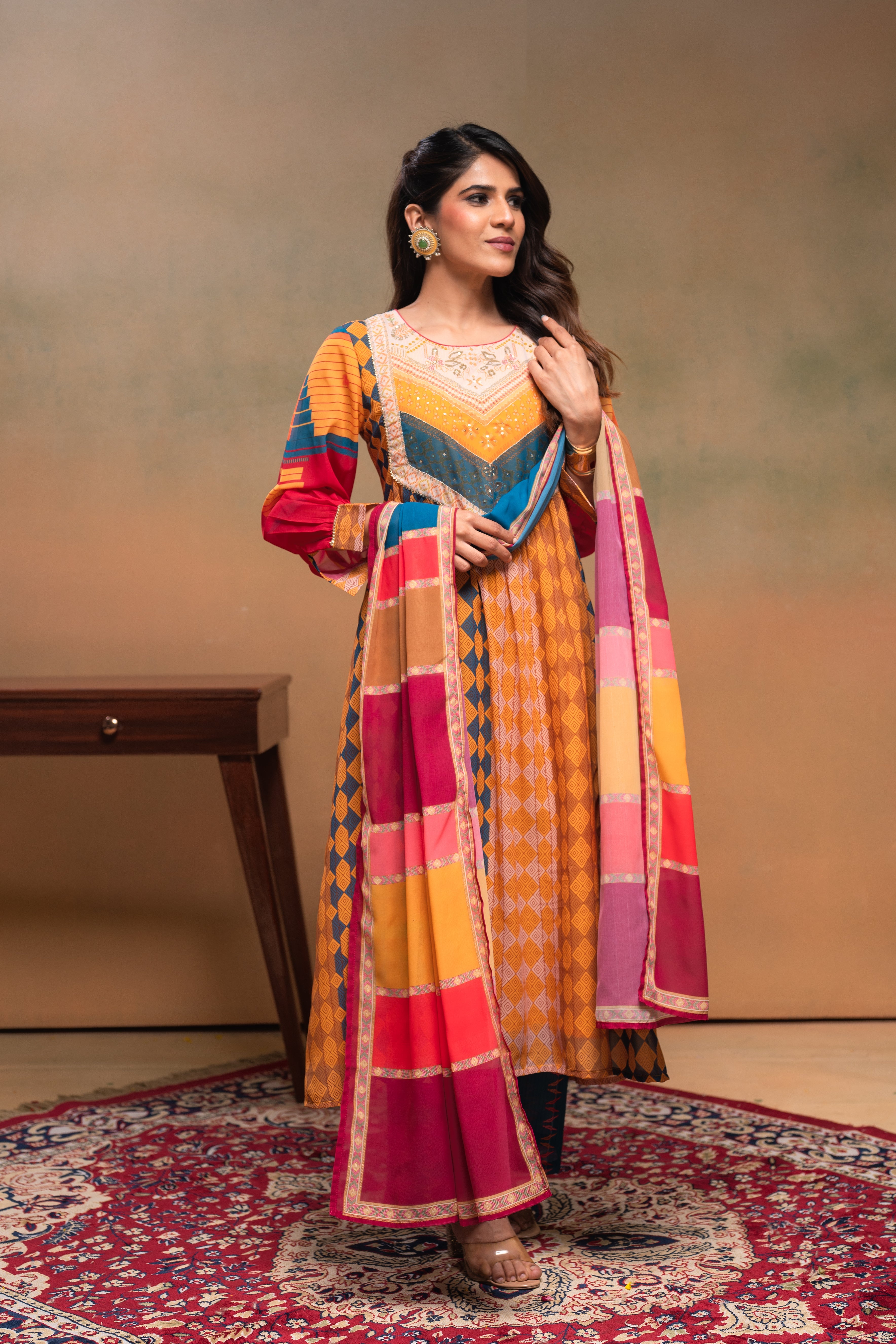 Mustard Manmade Fiber Ethnic Gathered Flared Kurta With Pants & Dupatta Set With Beads & Sequence Work