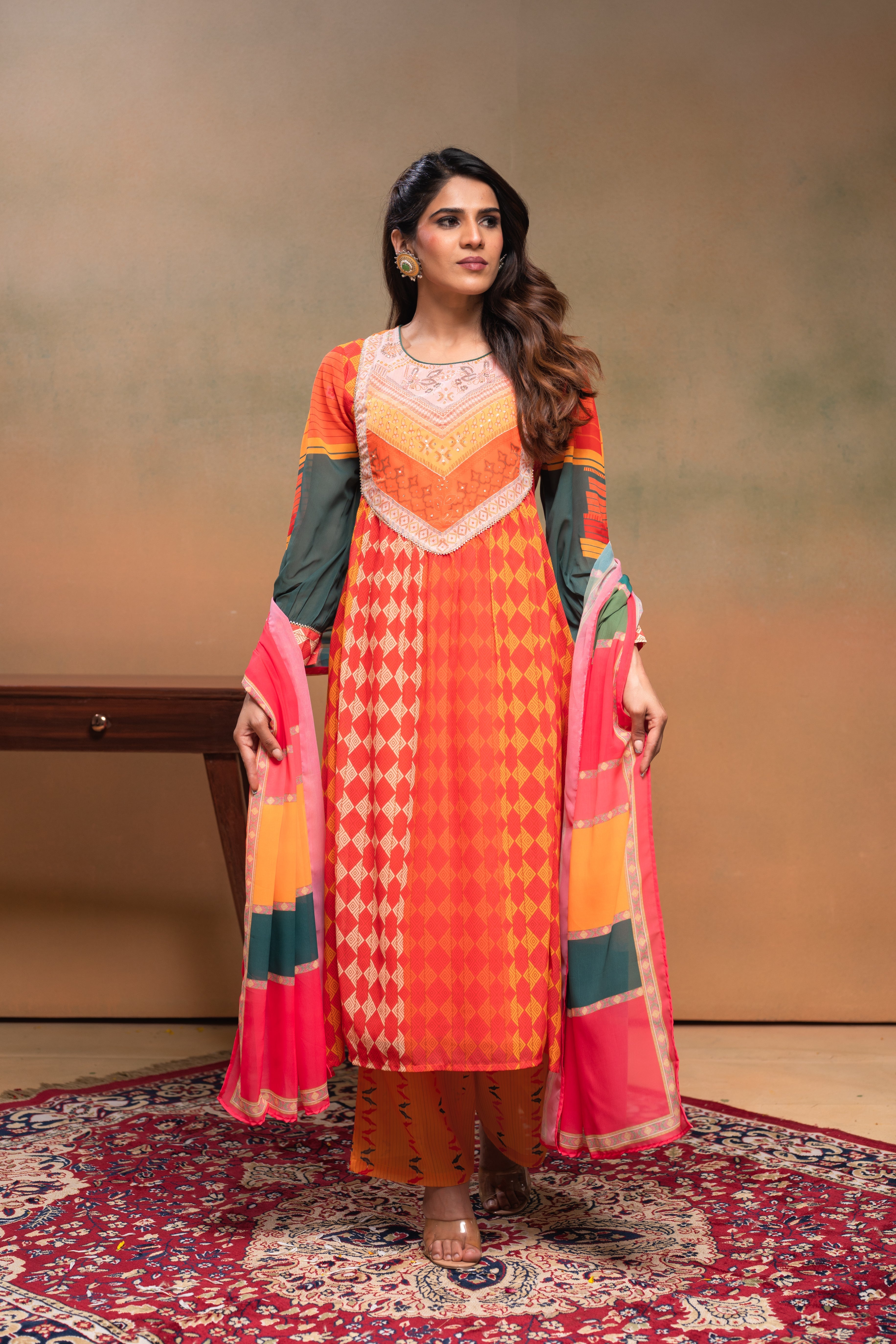 Orange Manmade Fiber Ethnic Gathered Flared Kurta With Pants & Dupatta Set With Beads & Sequence Work