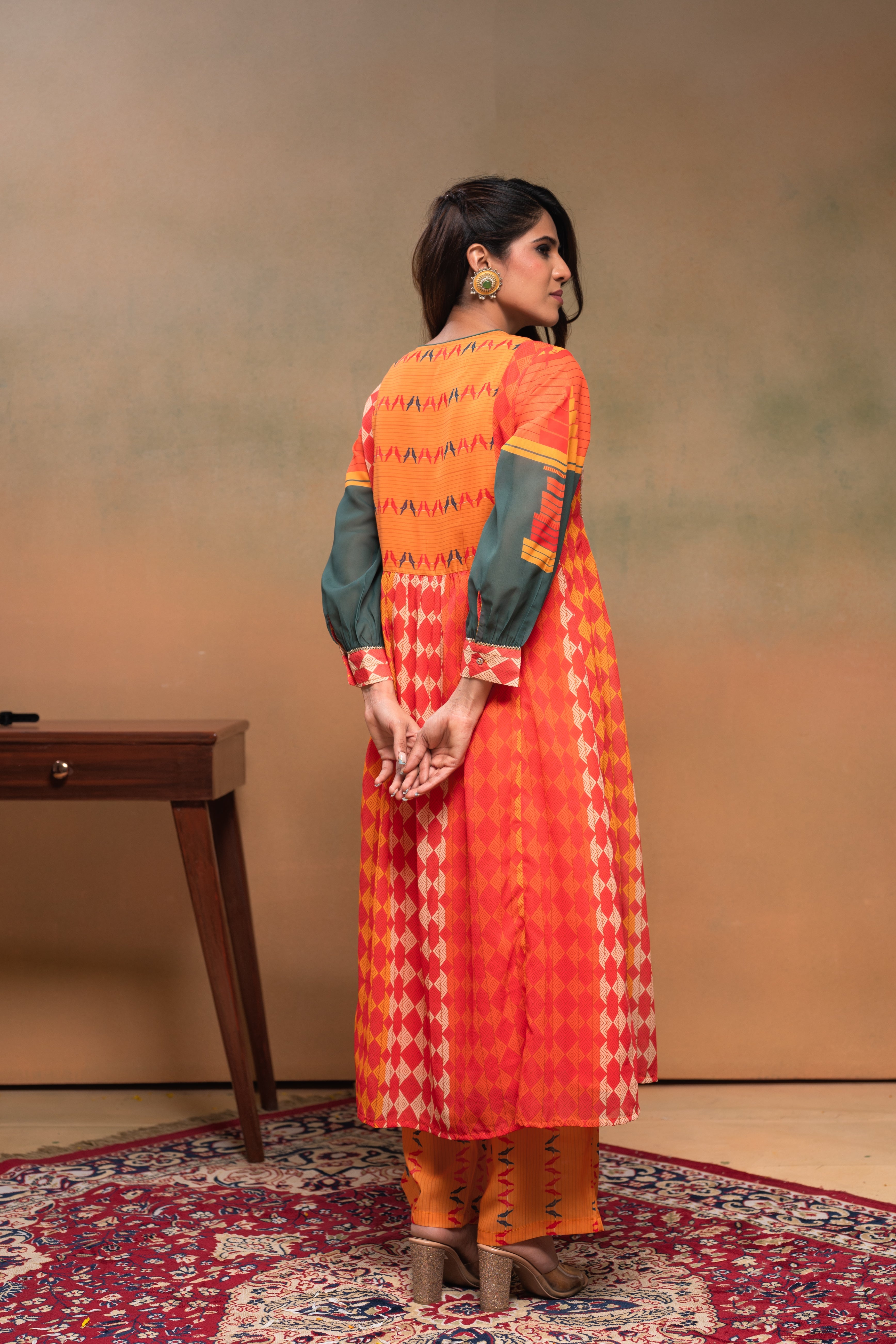 Orange Manmade Fiber Ethnic Gathered Flared Kurta With Pants & Dupatta Set With Beads & Sequence Work