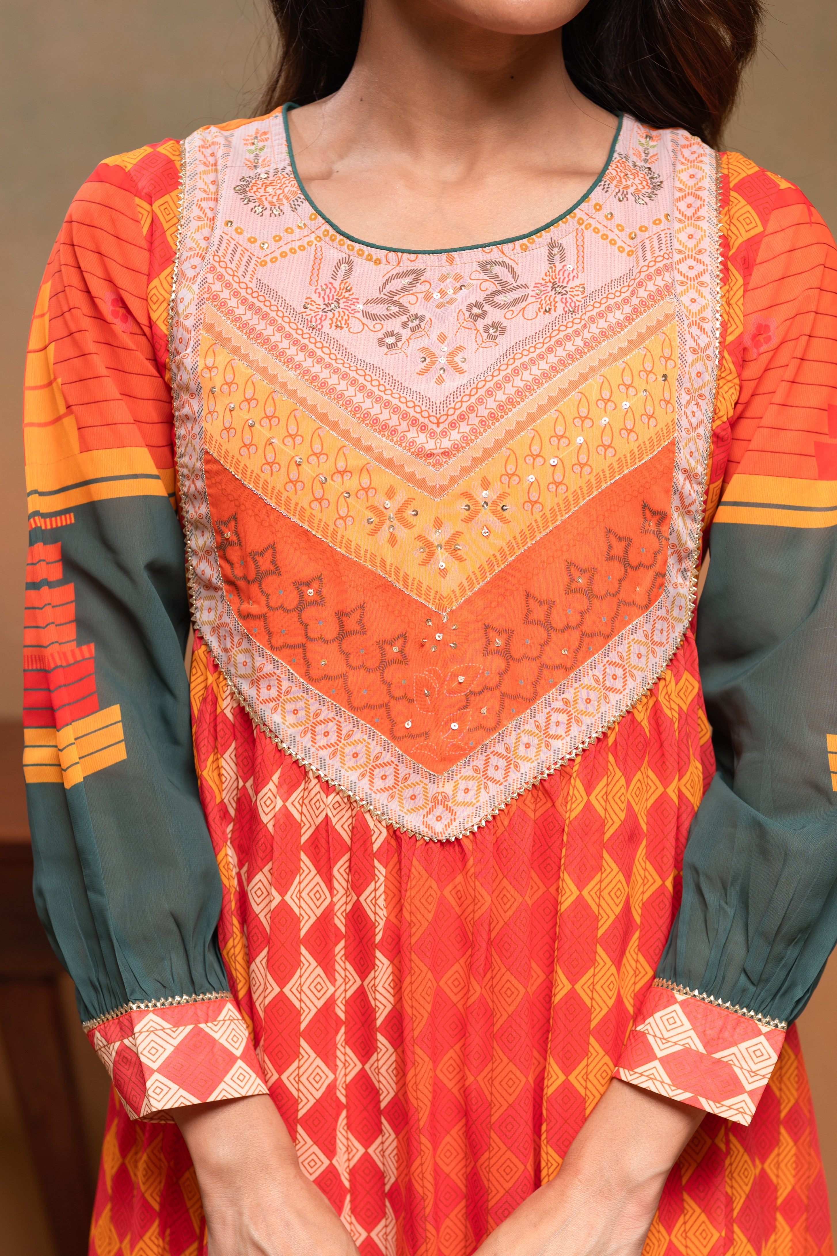 Orange Manmade Fiber Ethnic Gathered Flared Kurta With Pants & Dupatta Set With Beads & Sequence Work