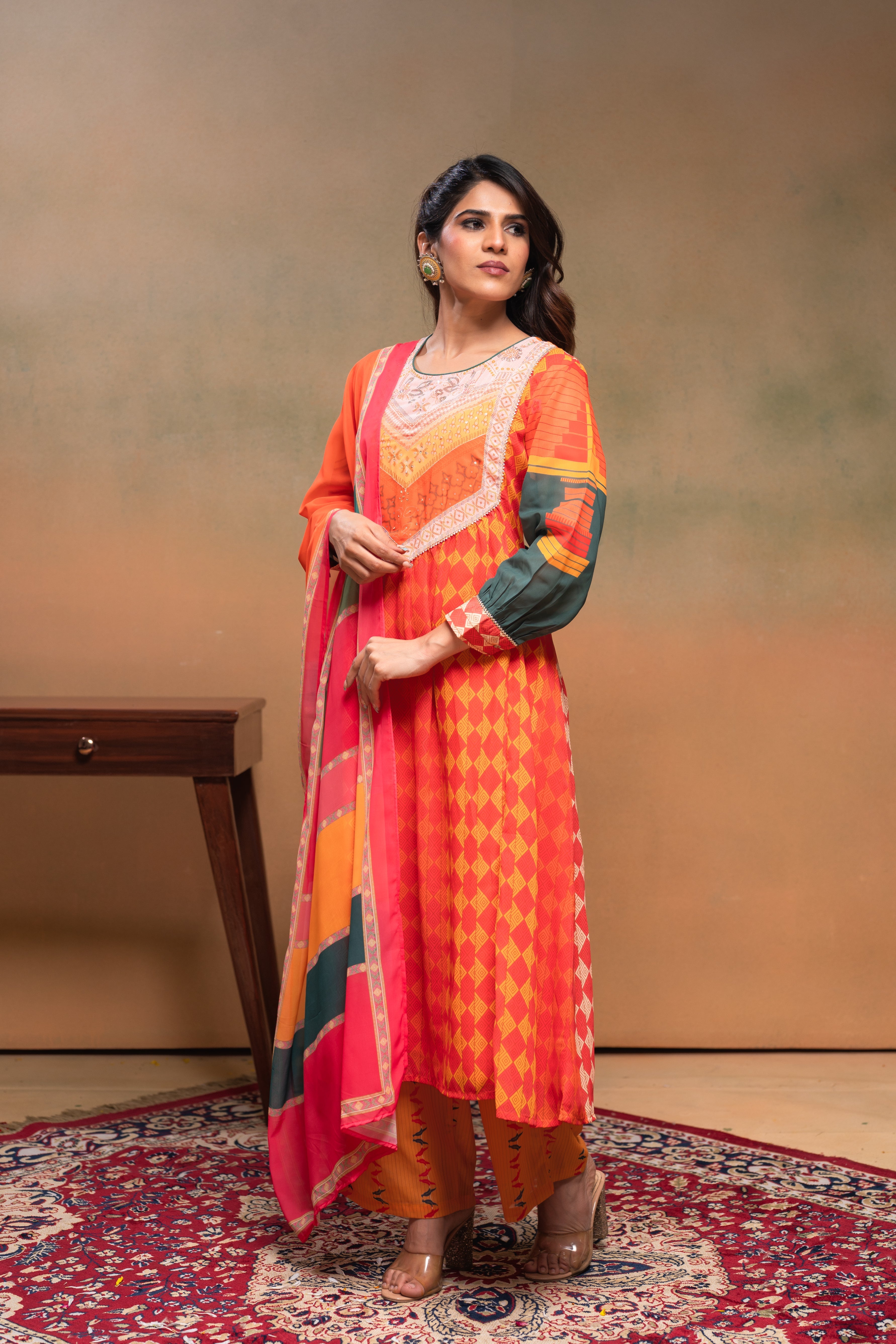 Orange Manmade Fiber Ethnic Gathered Flared Kurta With Pants & Dupatta Set With Beads & Sequence Work