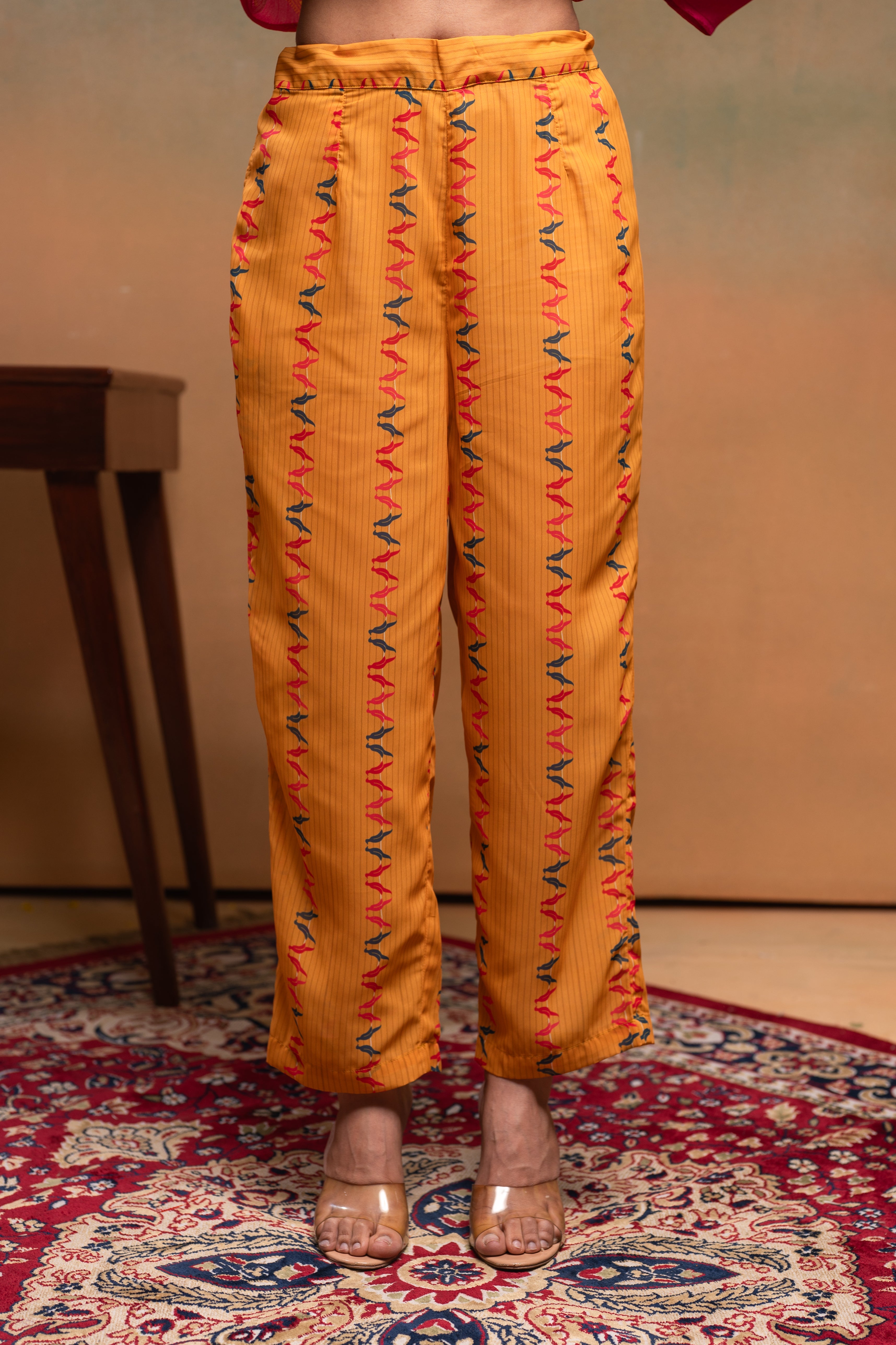 Orange Manmade Fiber Ethnic Gathered Flared Kurta With Pants & Dupatta Set With Beads & Sequence Work