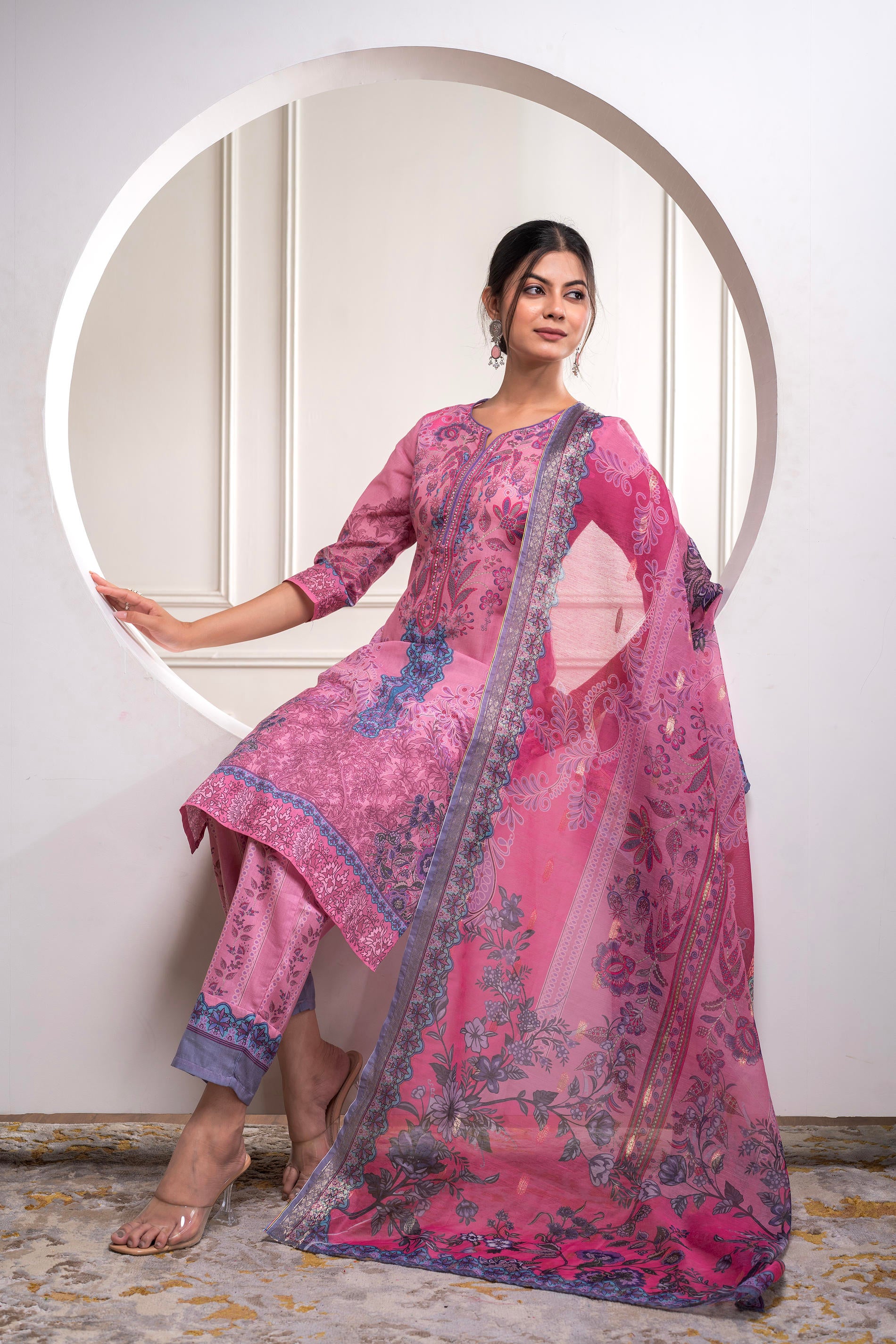 Lavender Floral Printed Kurta with Pant and Dupatta, Sequence & Beads Work