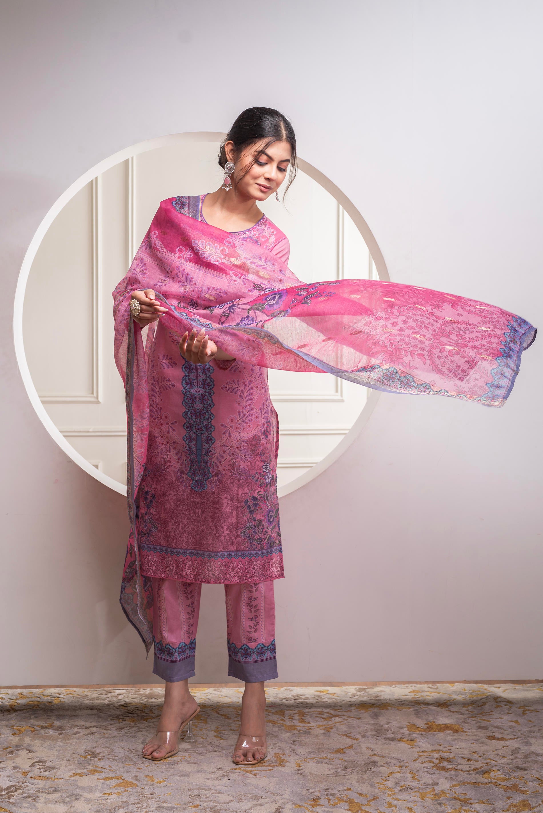 Lavender Floral Printed Kurta with Pant and Dupatta, Sequence & Beads Work