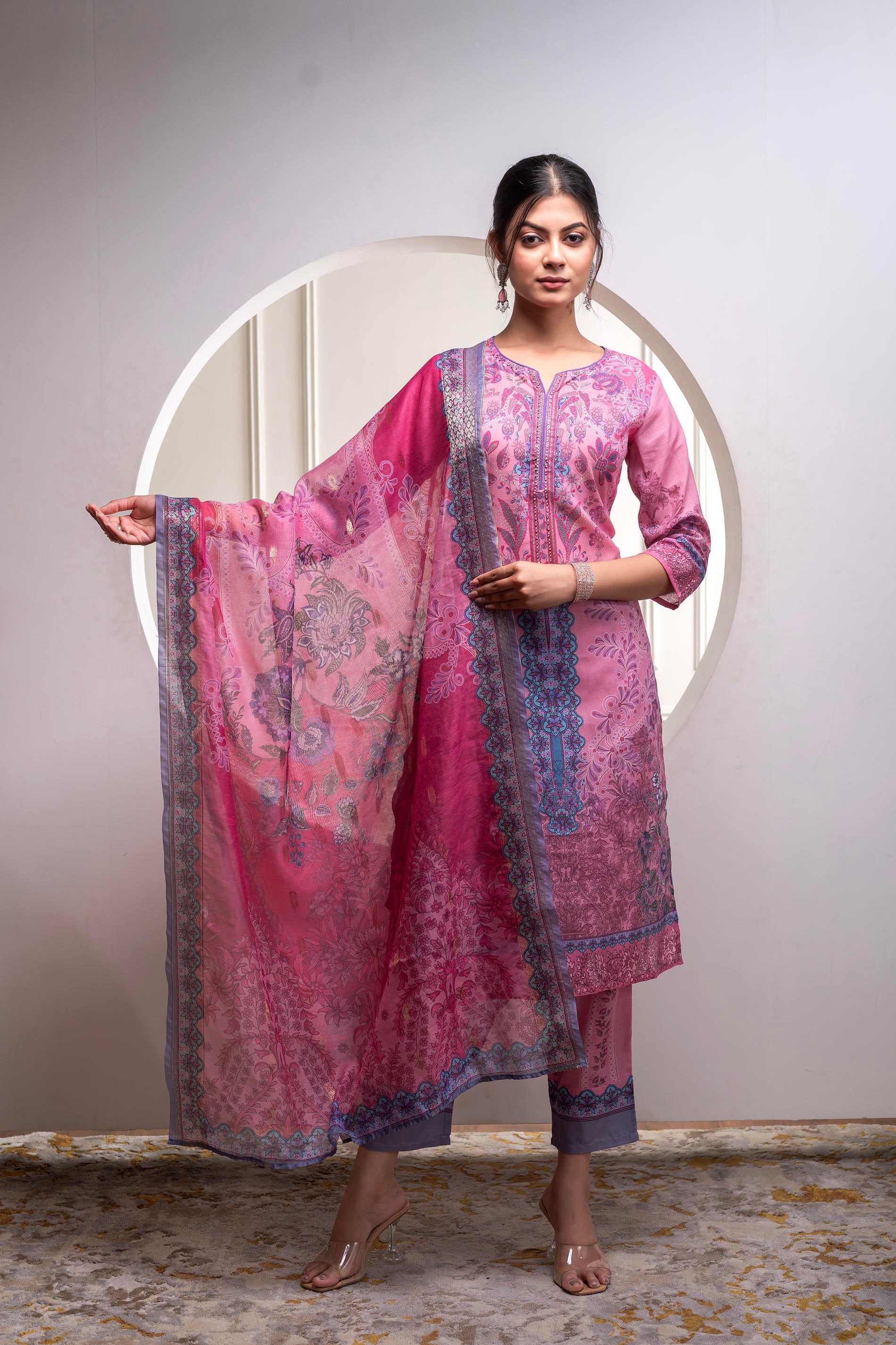 Lavender Floral Printed Kurta with Pant and Dupatta, Sequence & Beads Work