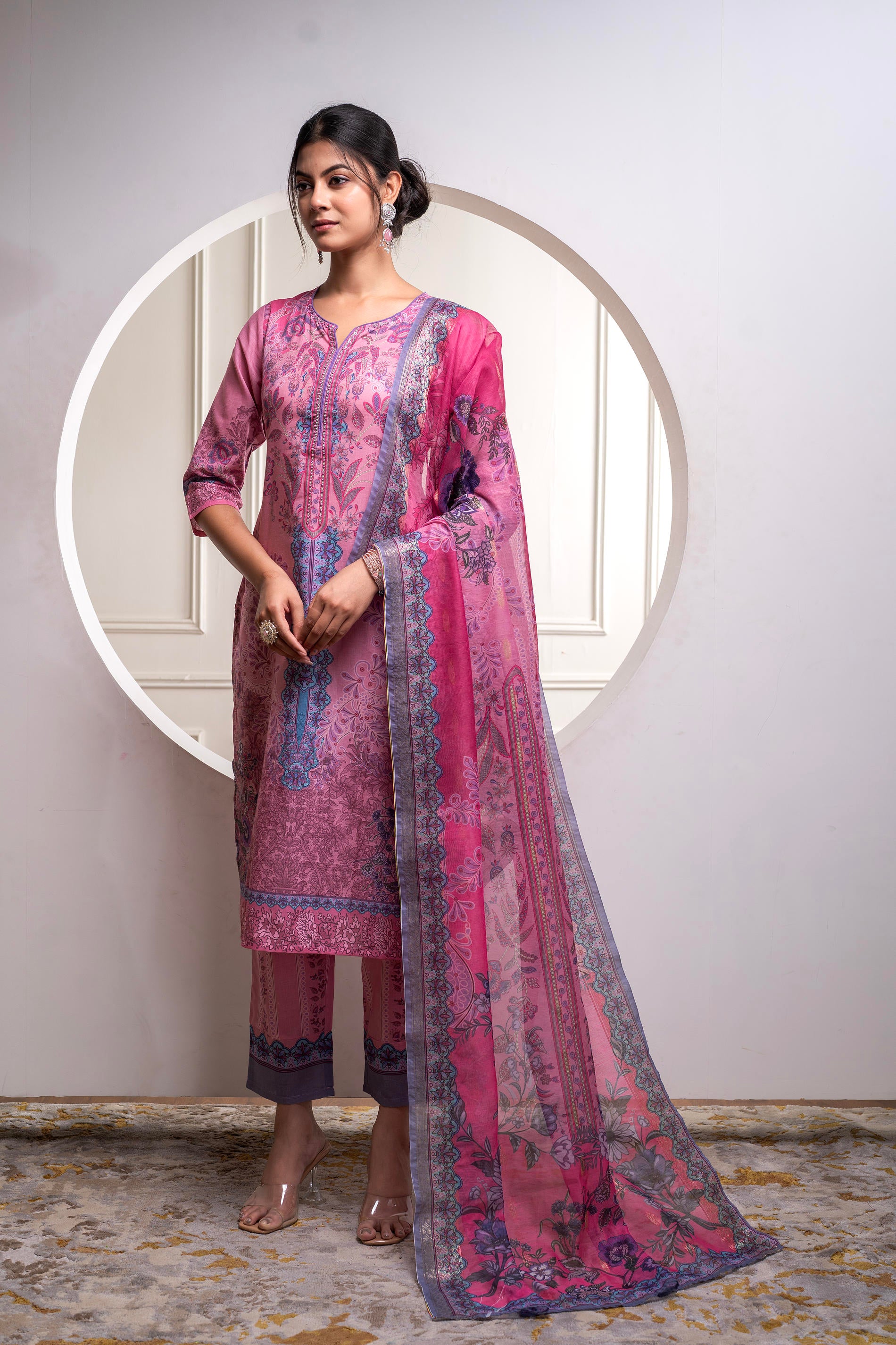 Lavender Floral Printed Kurta with Pant and Dupatta, Sequence & Beads Work