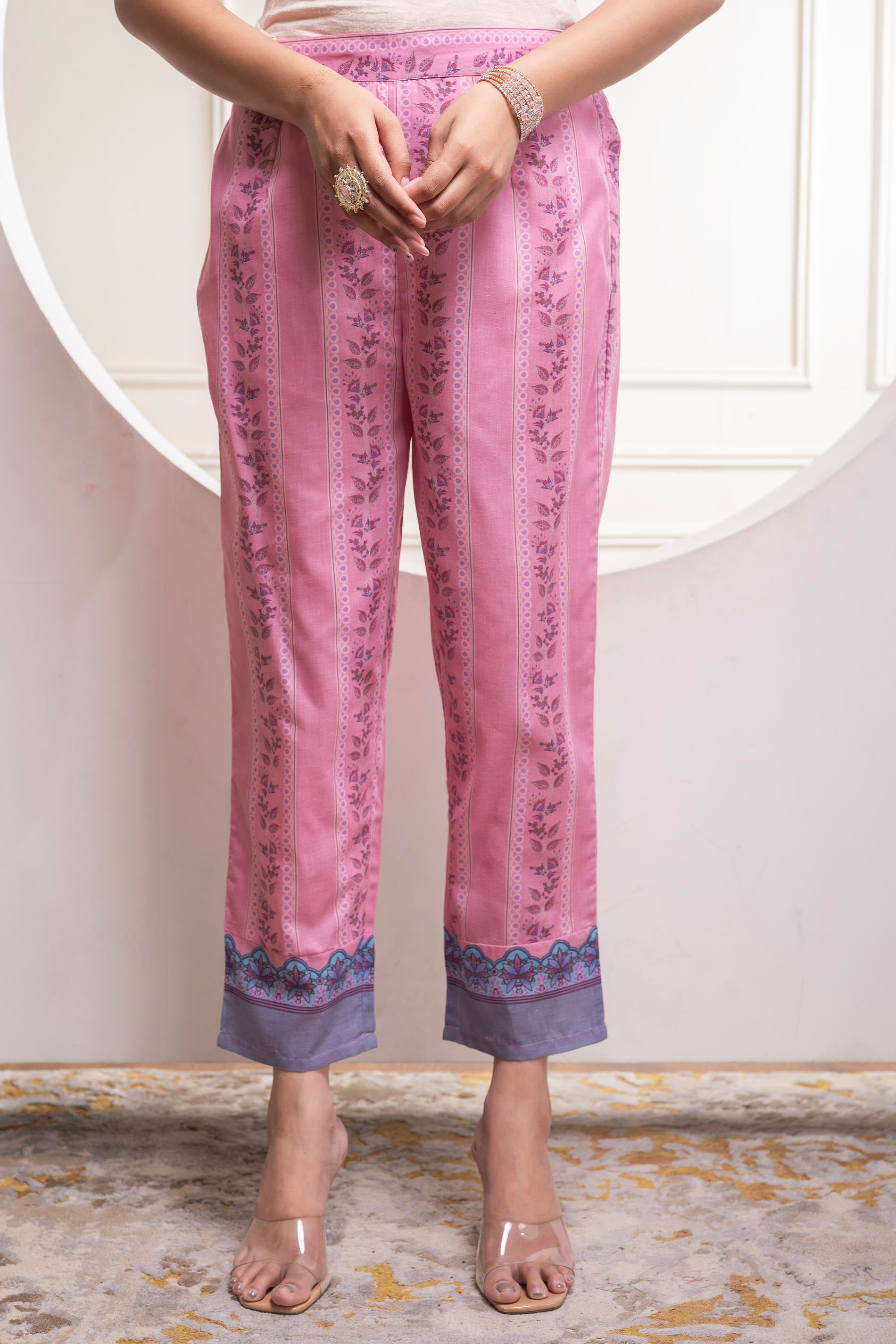 Lavender Floral Printed Kurta with Pant and Dupatta, Sequence & Beads Work