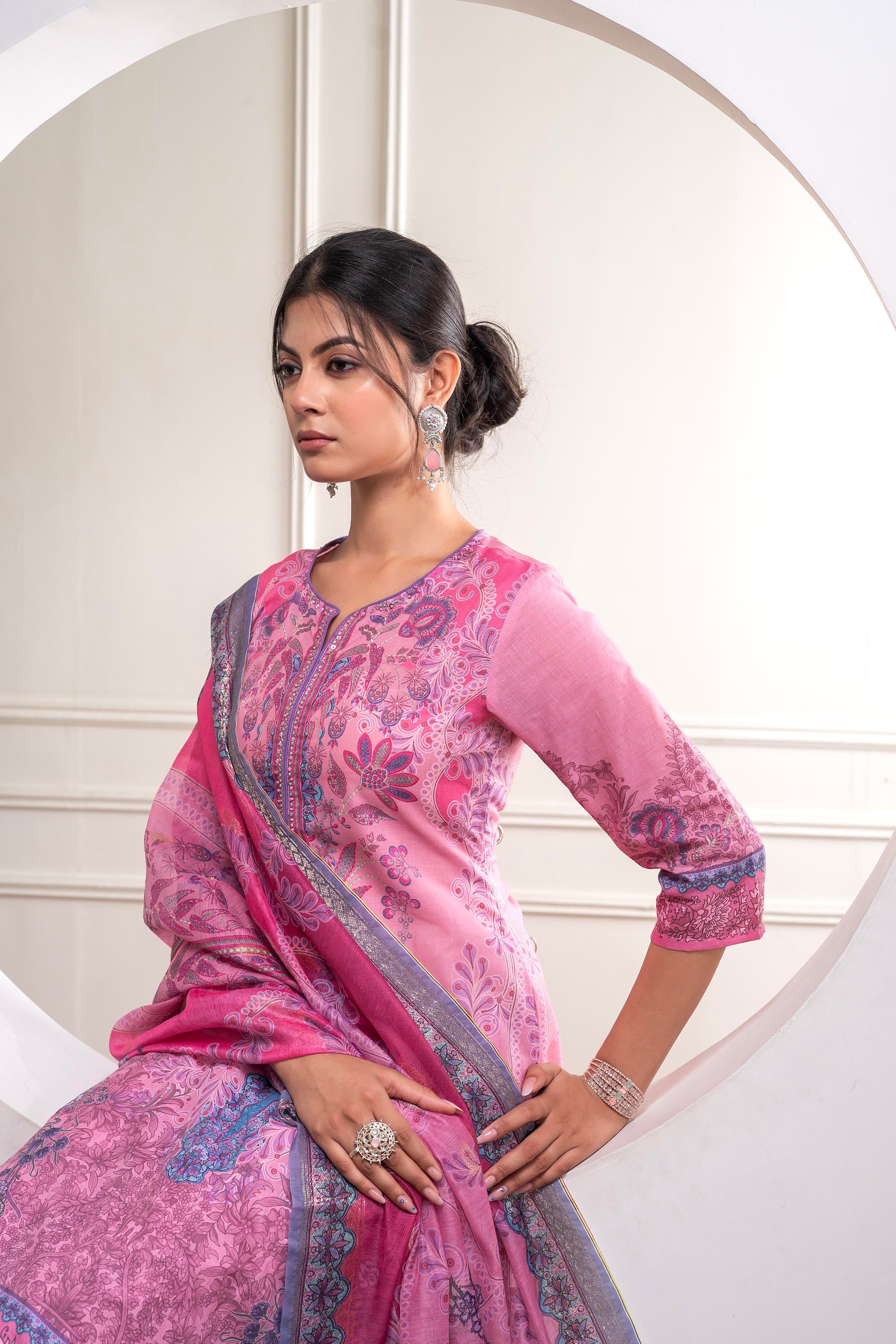 Lavender Floral Printed Kurta with Pant and Dupatta, Sequence & Beads Work