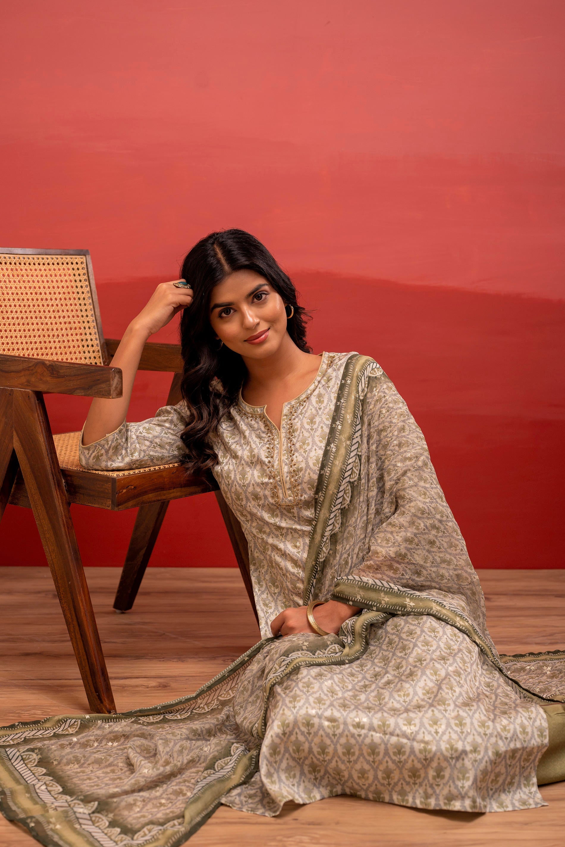 Green Floral Printed Kurta with Pant and Dupatta, Beads Work