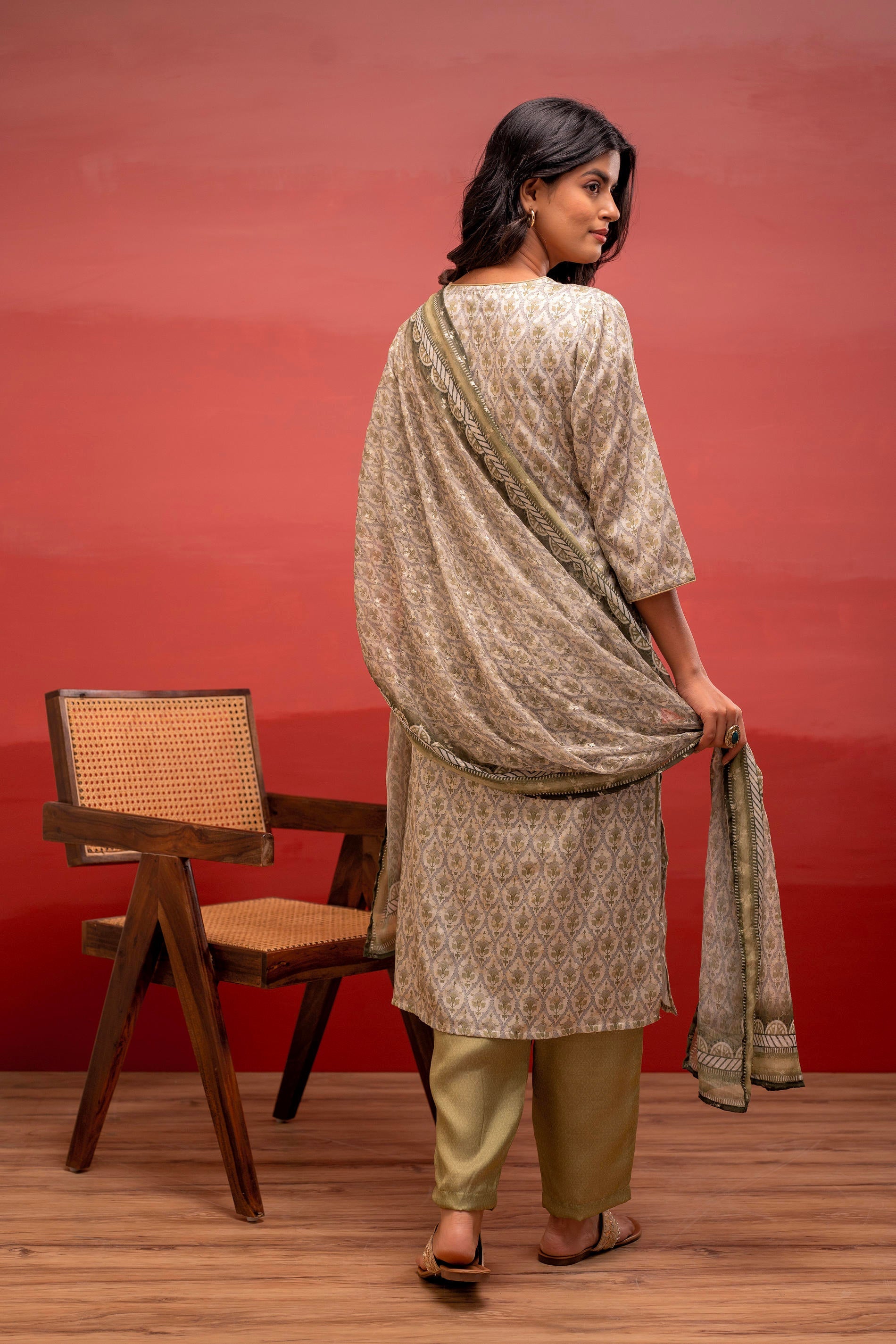 Green Floral Printed Kurta with Pant and Dupatta, Beads Work