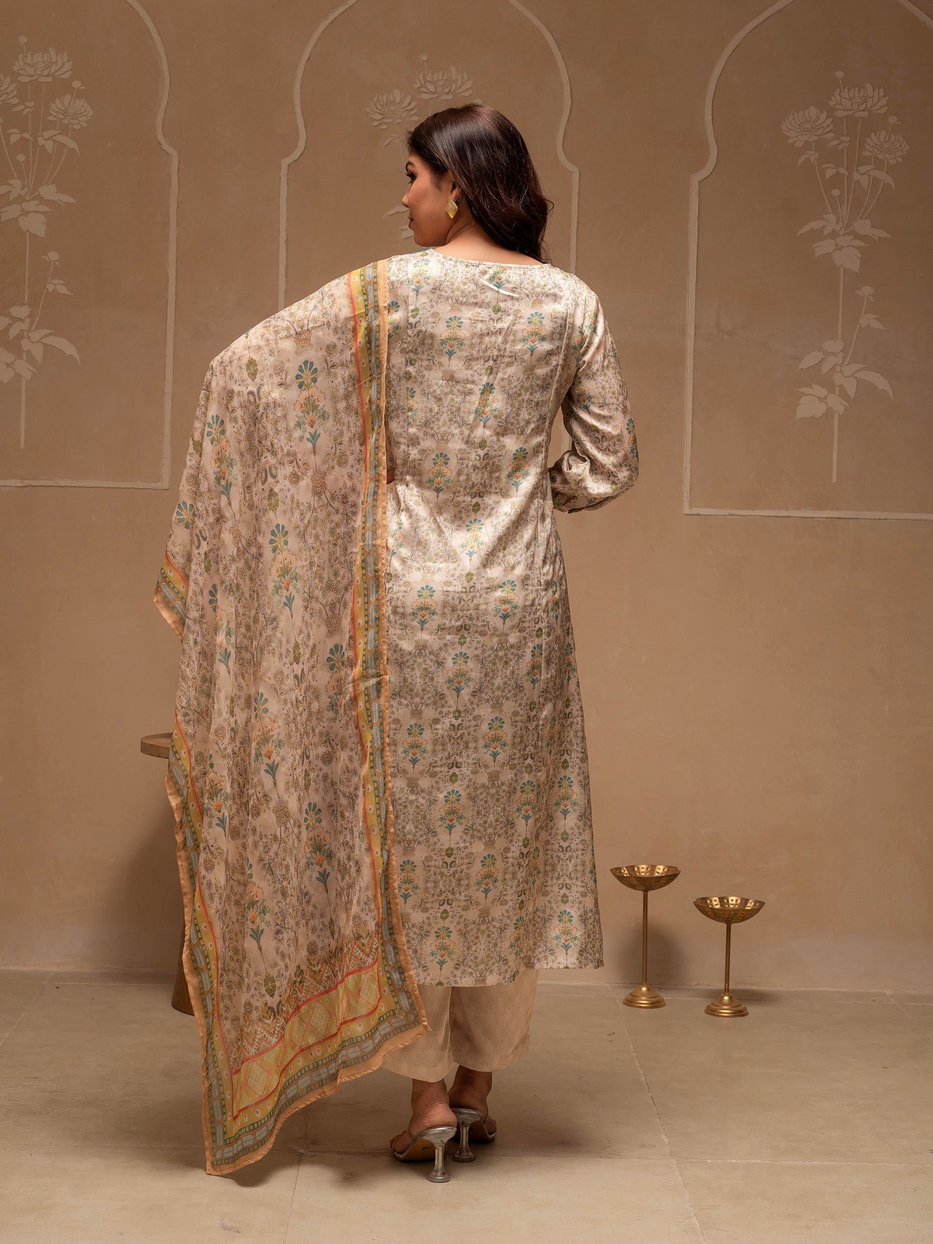 Manmade Fiber Ivory Embellished Kurta Pant Dupatta Set with Floral & Ethnic Motifs